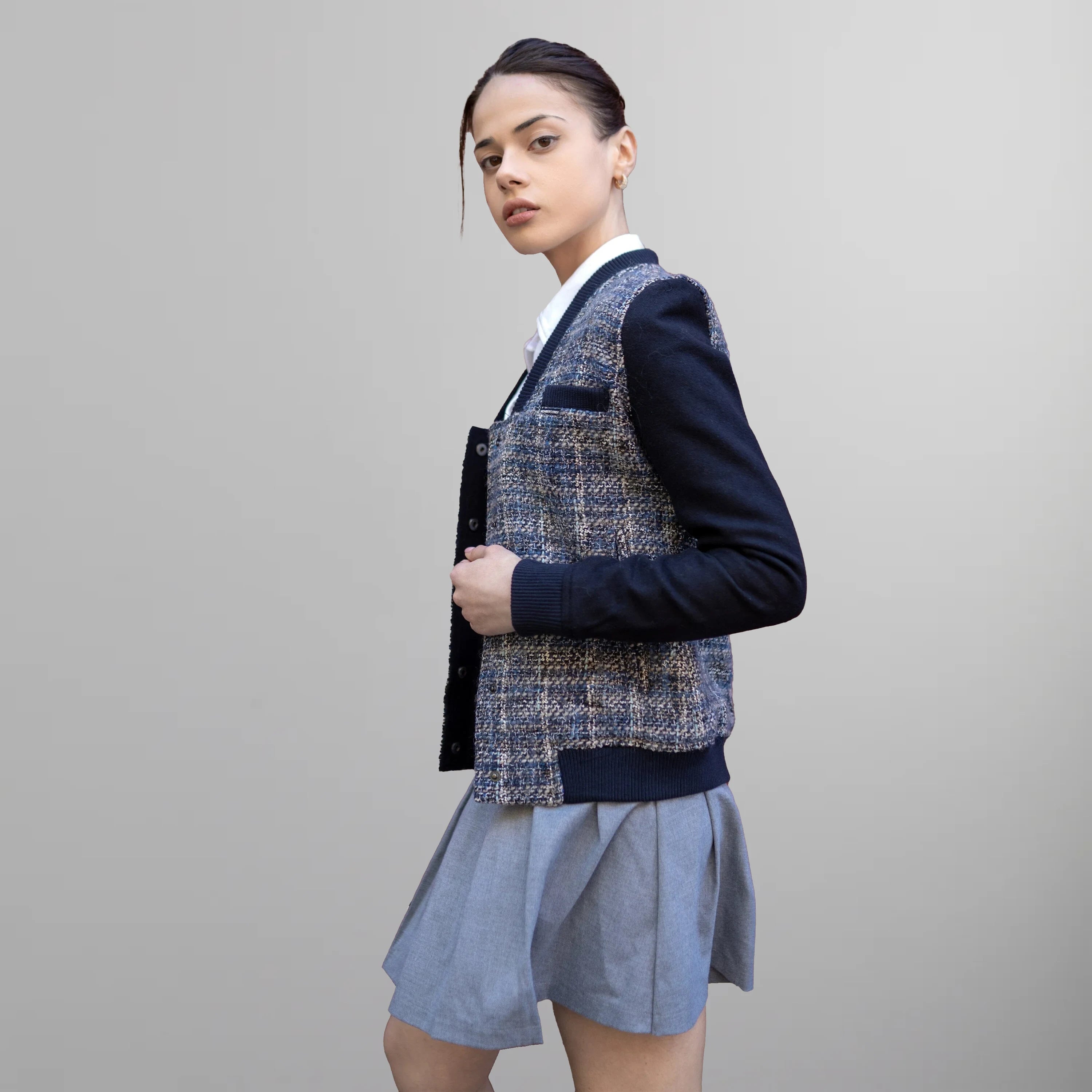 Women's Updated Tweed Varsity Jacket with Contrast Sleeve Womens Jacket Members Only 