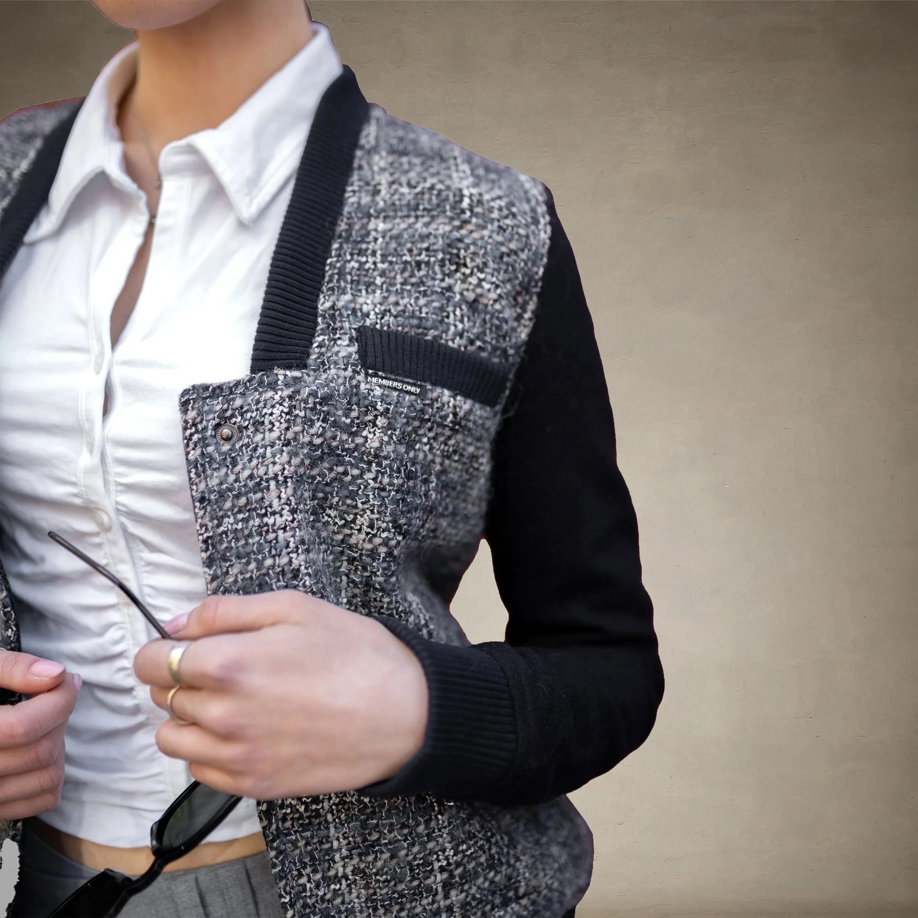 Women's Updated Tweed Varsity Jacket with Contrast Sleeve - FINAL SALE Womens Jacket Members Only® 