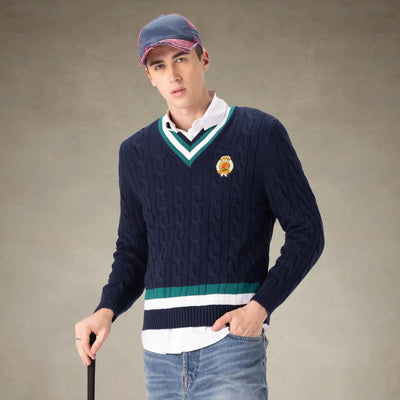 V Neck Cable Knit Sweater Navy