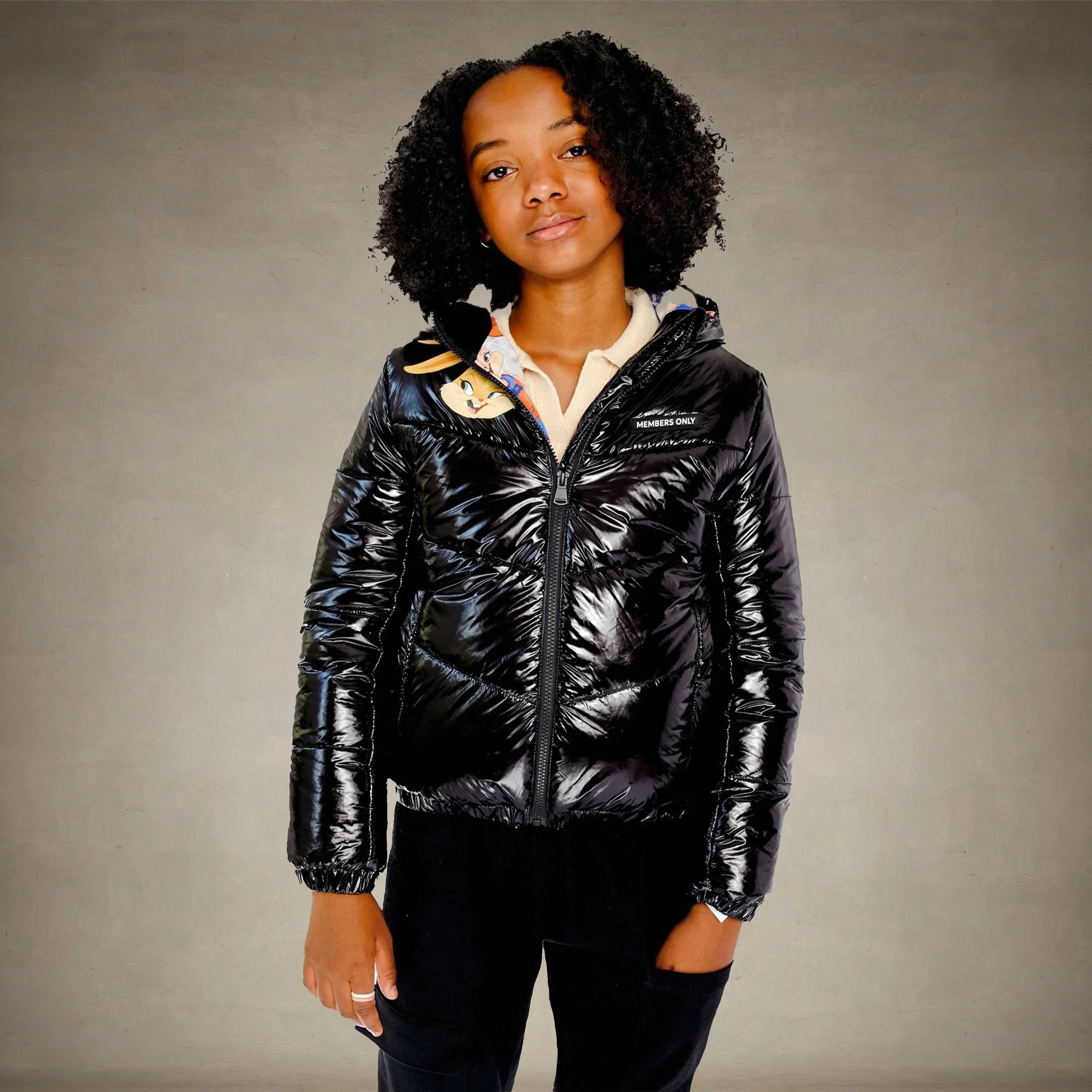 Girl's Cire Puffer with Mash Print Lining Jacket - FINAL SALE Girl's Jacket Members Only® Black 4 