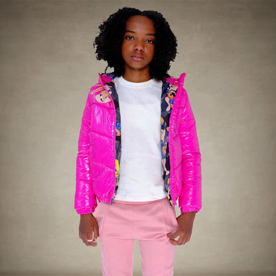 Girl's Cire Puffer with Mash Print Lining Jacket - FINAL SALE Girl's Jacket Members Only® Fuchsia 4 