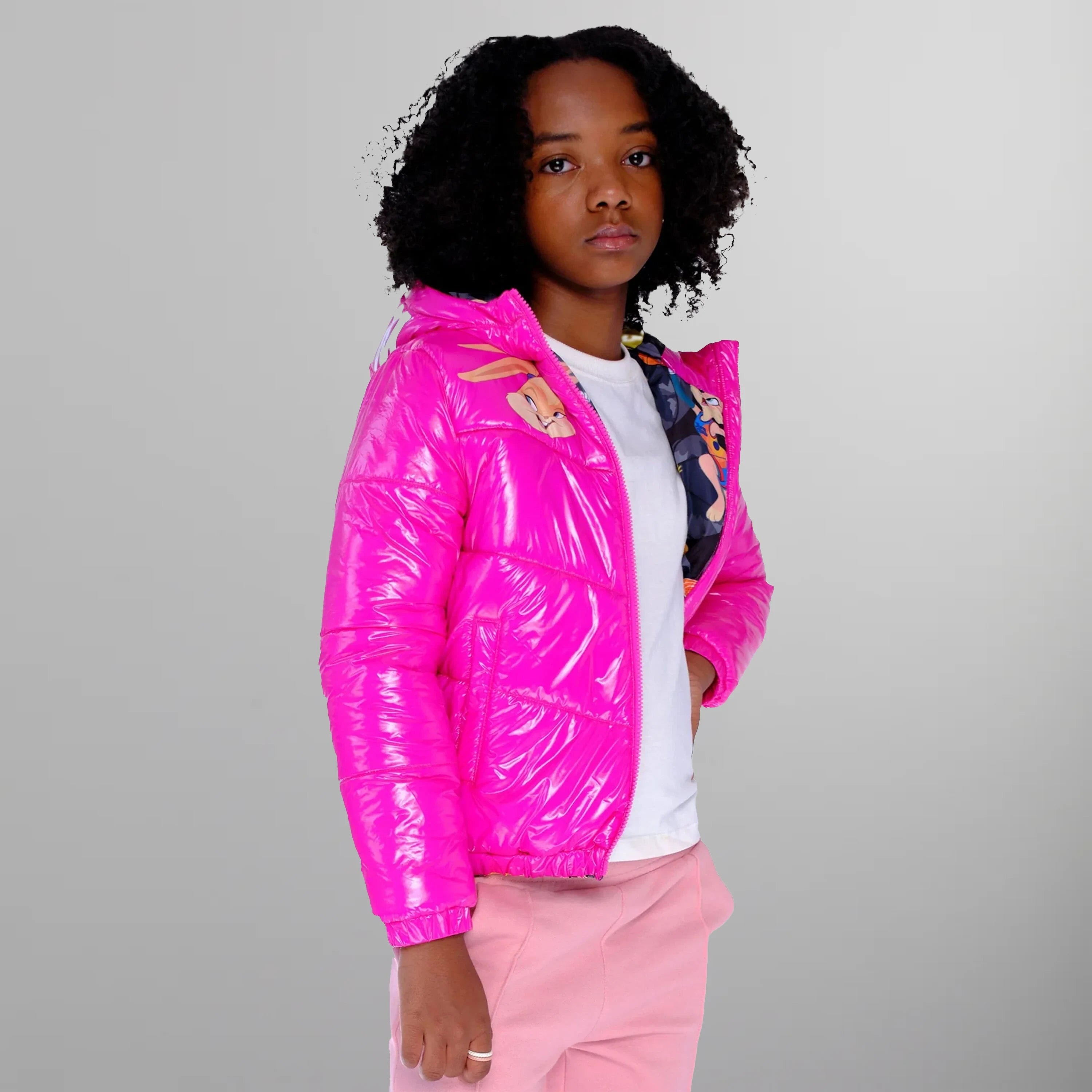 Members Only Girl s Cire Puffer with Mash Print Lining Jacket Fuchsia 4