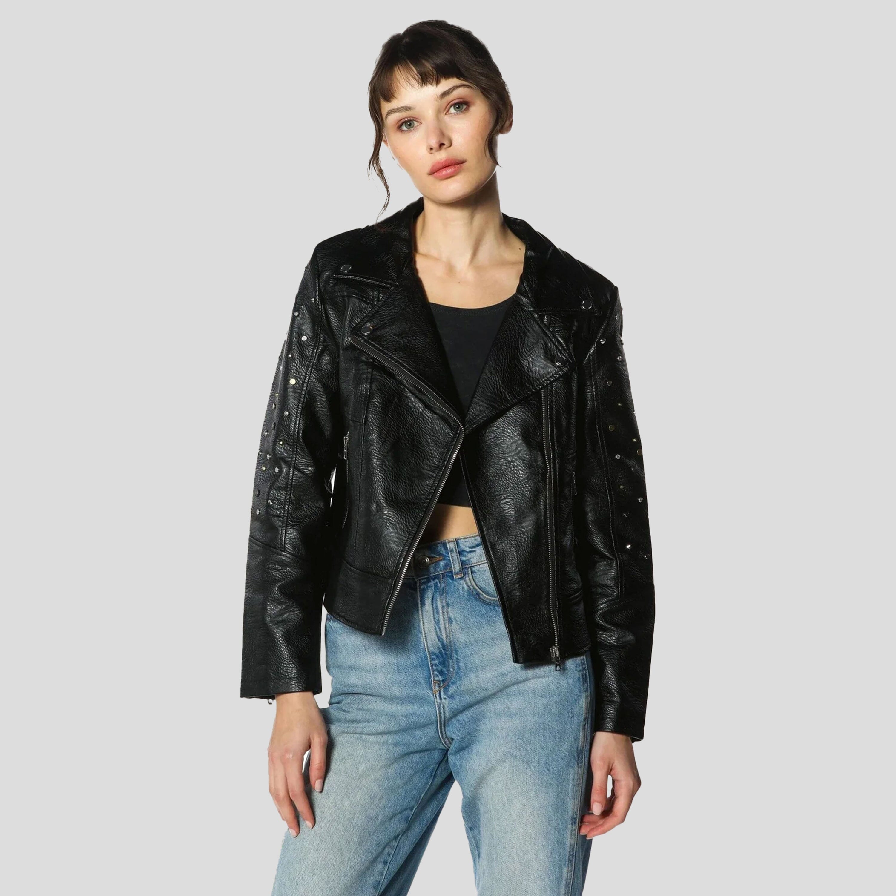 Women's Faux Leather Studded Biker Jacket - FINAL SALE Womens Jacket Members Only 