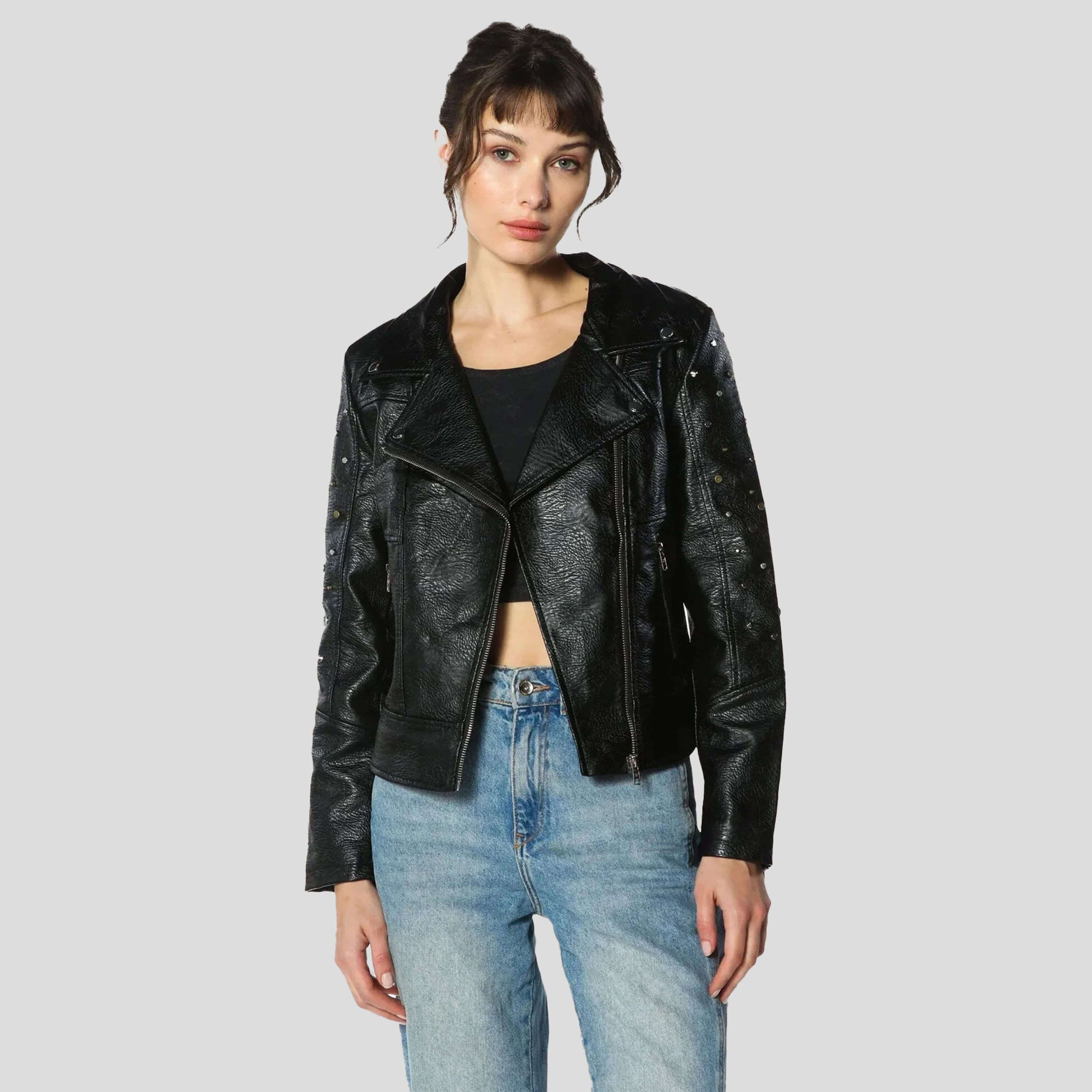 Women s Leather Studded Biker Jacket