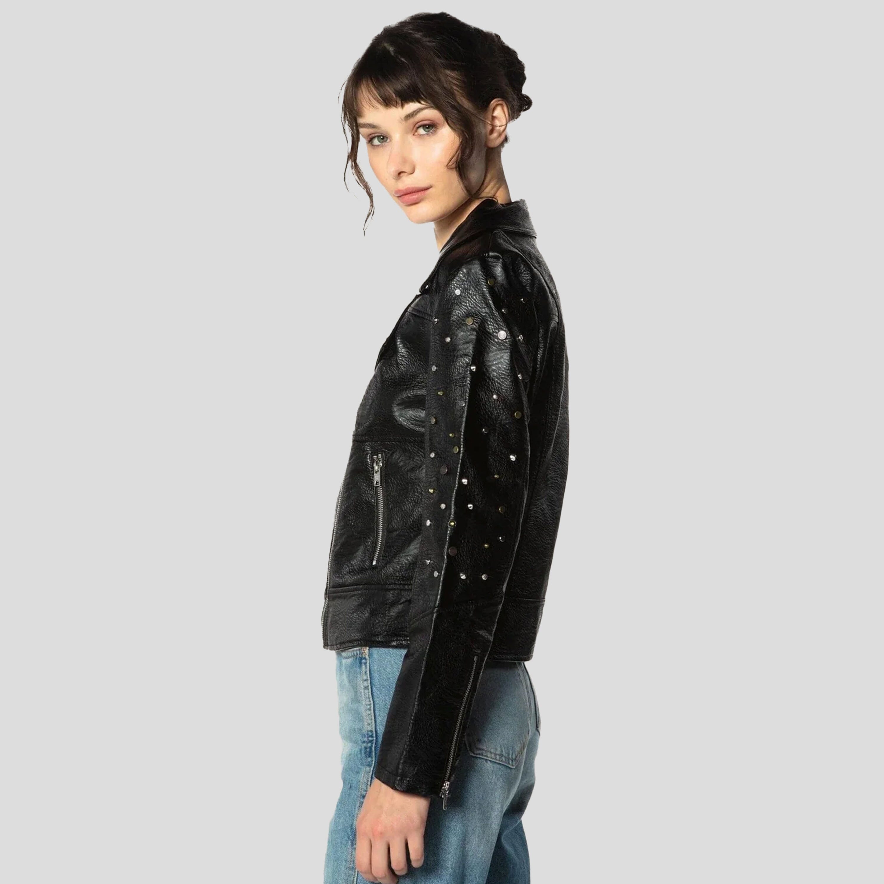 Women's Faux Leather Studded Biker Jacket - FINAL SALE Womens Jacket Members Only 