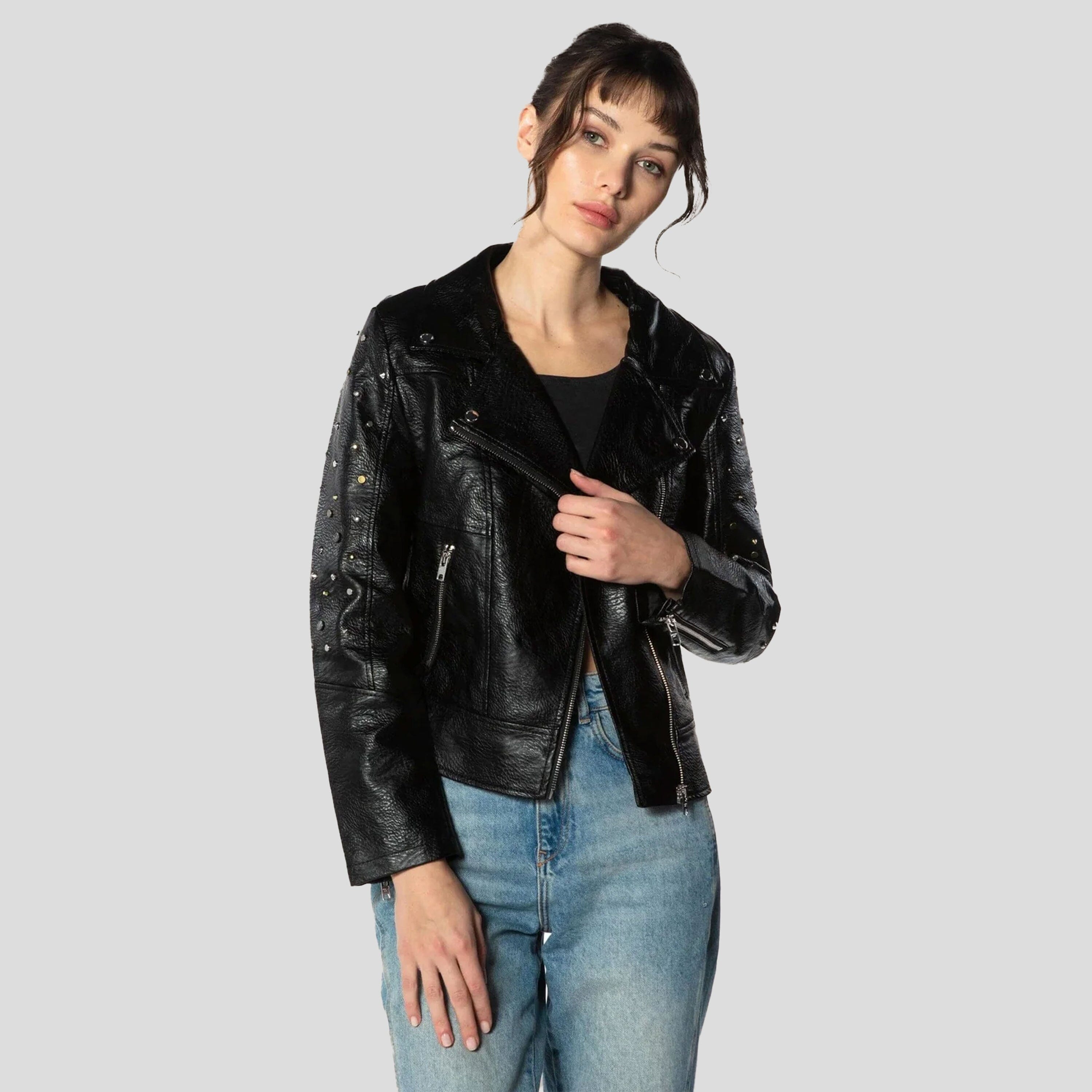 Women's Faux Leather Studded Biker Jacket - FINAL SALE Womens Jacket Members Only 