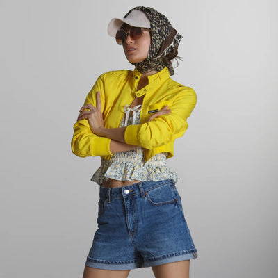 Women's Mini Cropped Racer Jacket Women's Iconic Jacket Members Only | Yellow