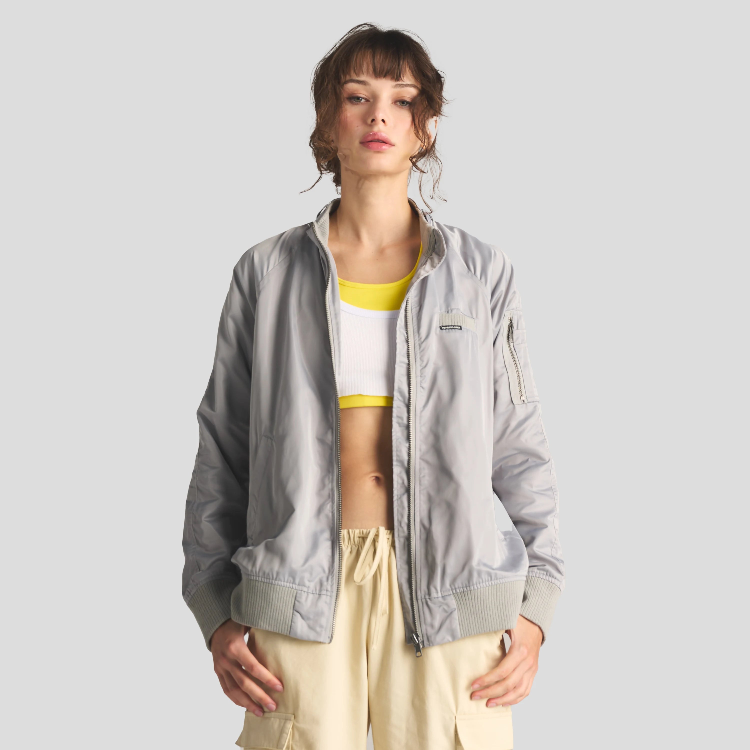 Women's Satin Bomber Jacket Women's Iconic Jacket Members Only Silver X-Small 