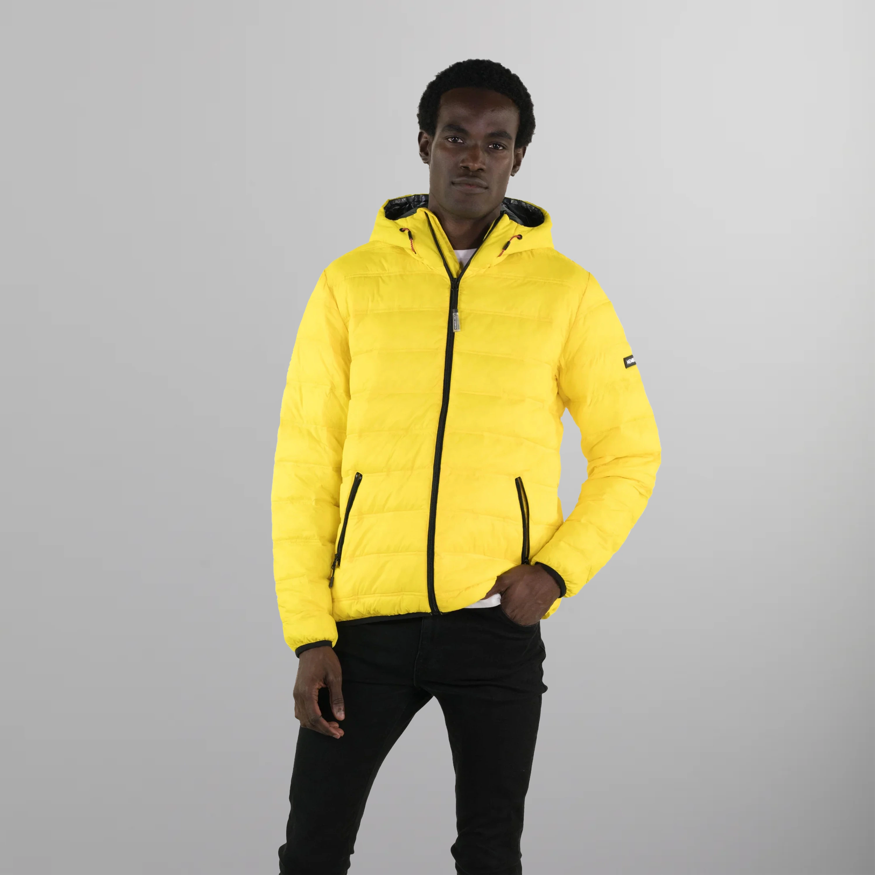 Black and yellow puffer jacket cheap