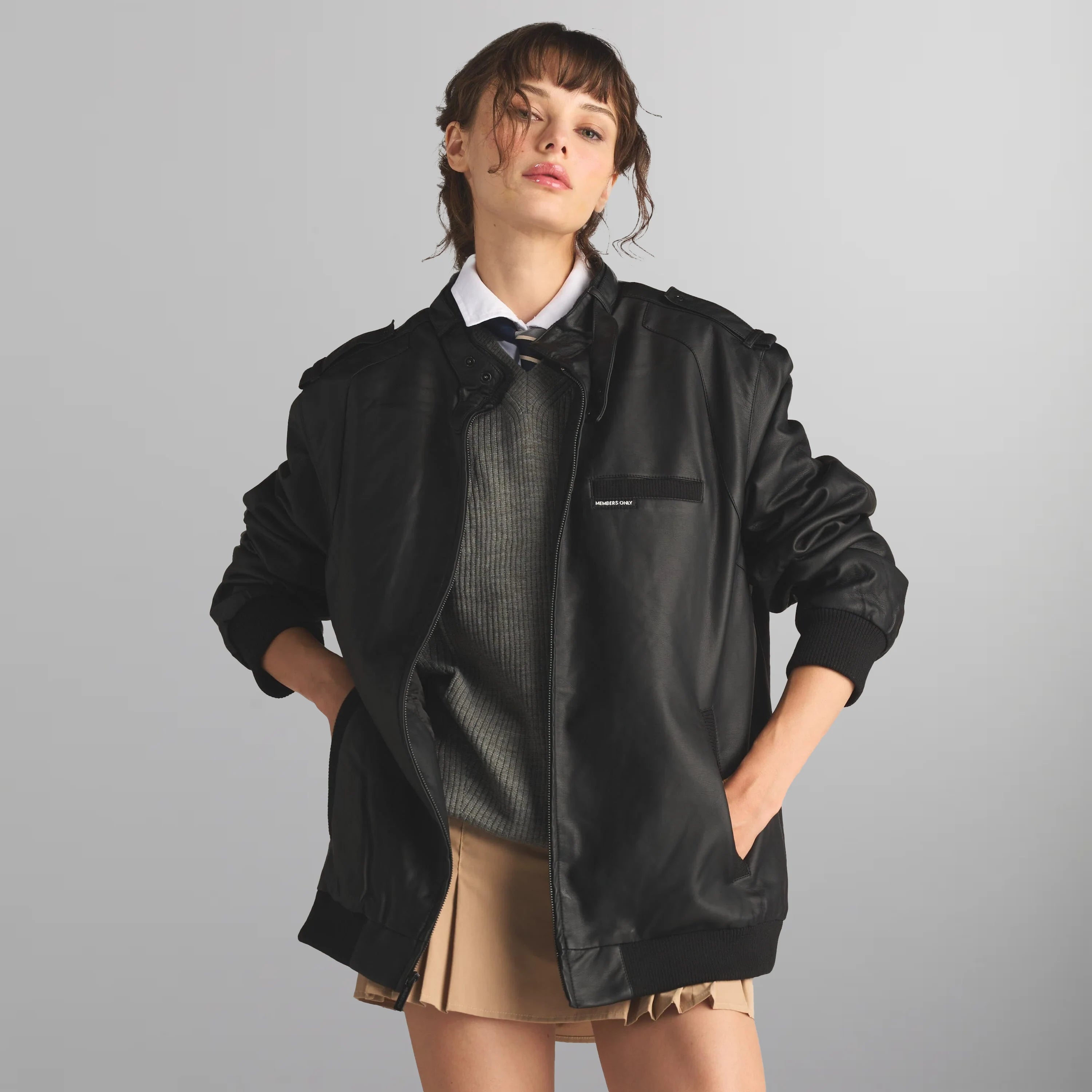 Women's Faux Leather Iconic Racer Oversized Jacket Women's Iconic Jacket Members Only Black Small 