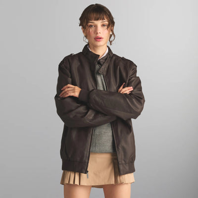 Women's Faux Leather Iconic Racer Oversized Jacket Women's Iconic Jacket Members Only | Dark Brown Small 