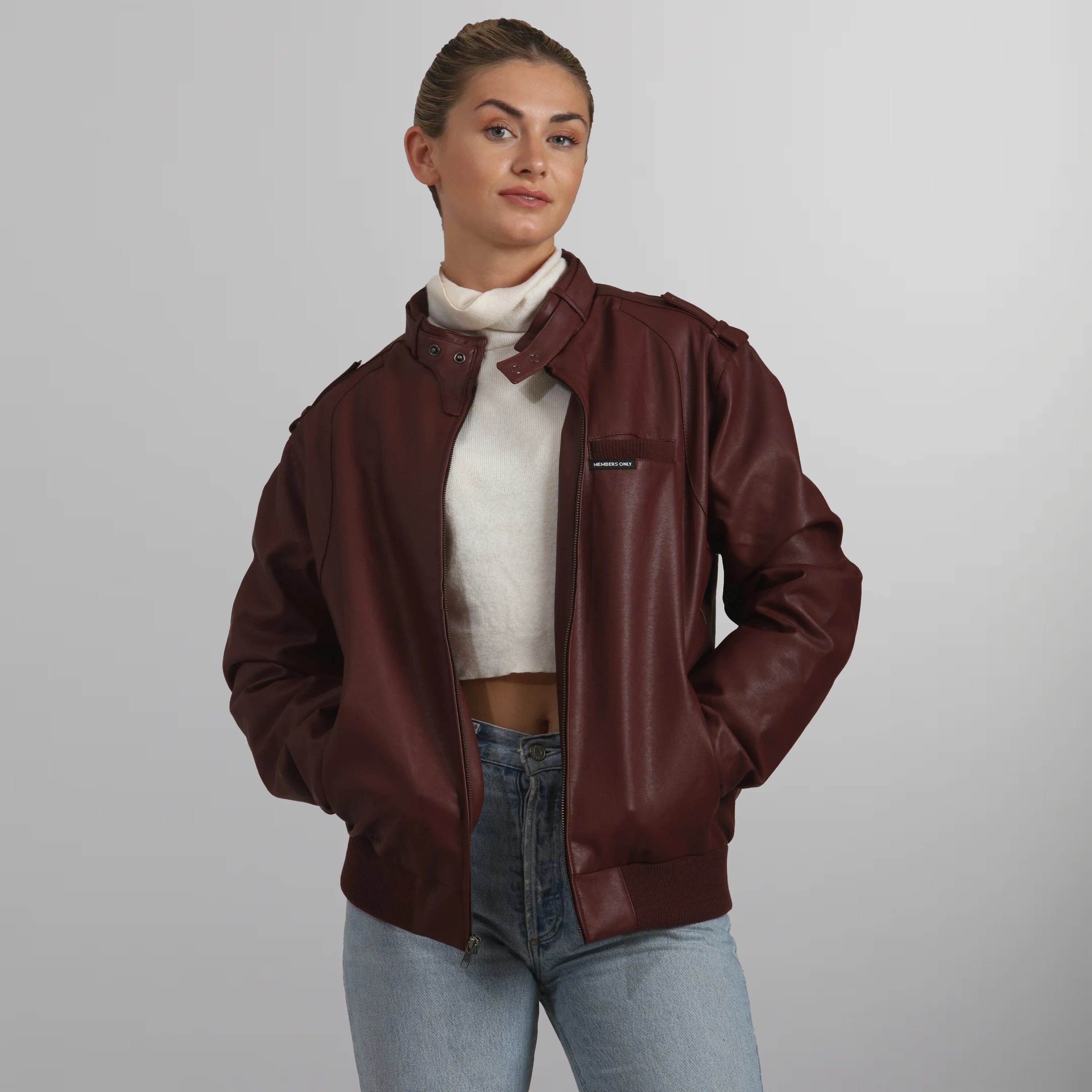 Members Only Women s Faux Leather Iconic Racer Oversized Jacket Burgundy X Large