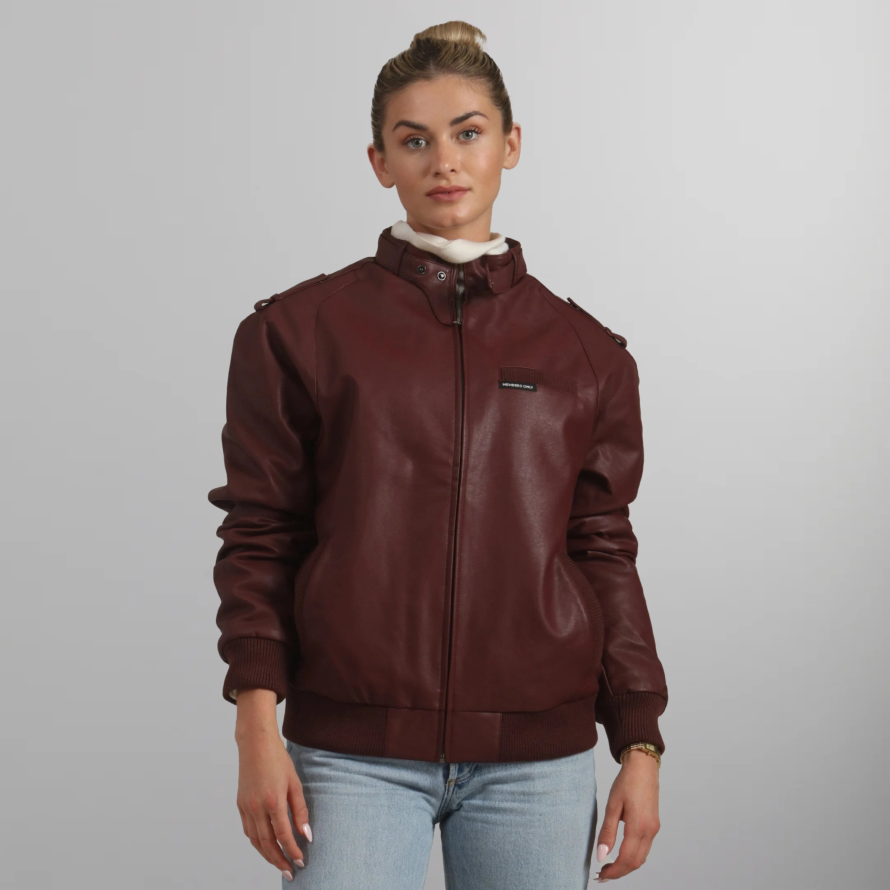 Women's Faux Leather Iconic Racer Oversized Jacket Women's Iconic Jacket Members Only | Burgundy