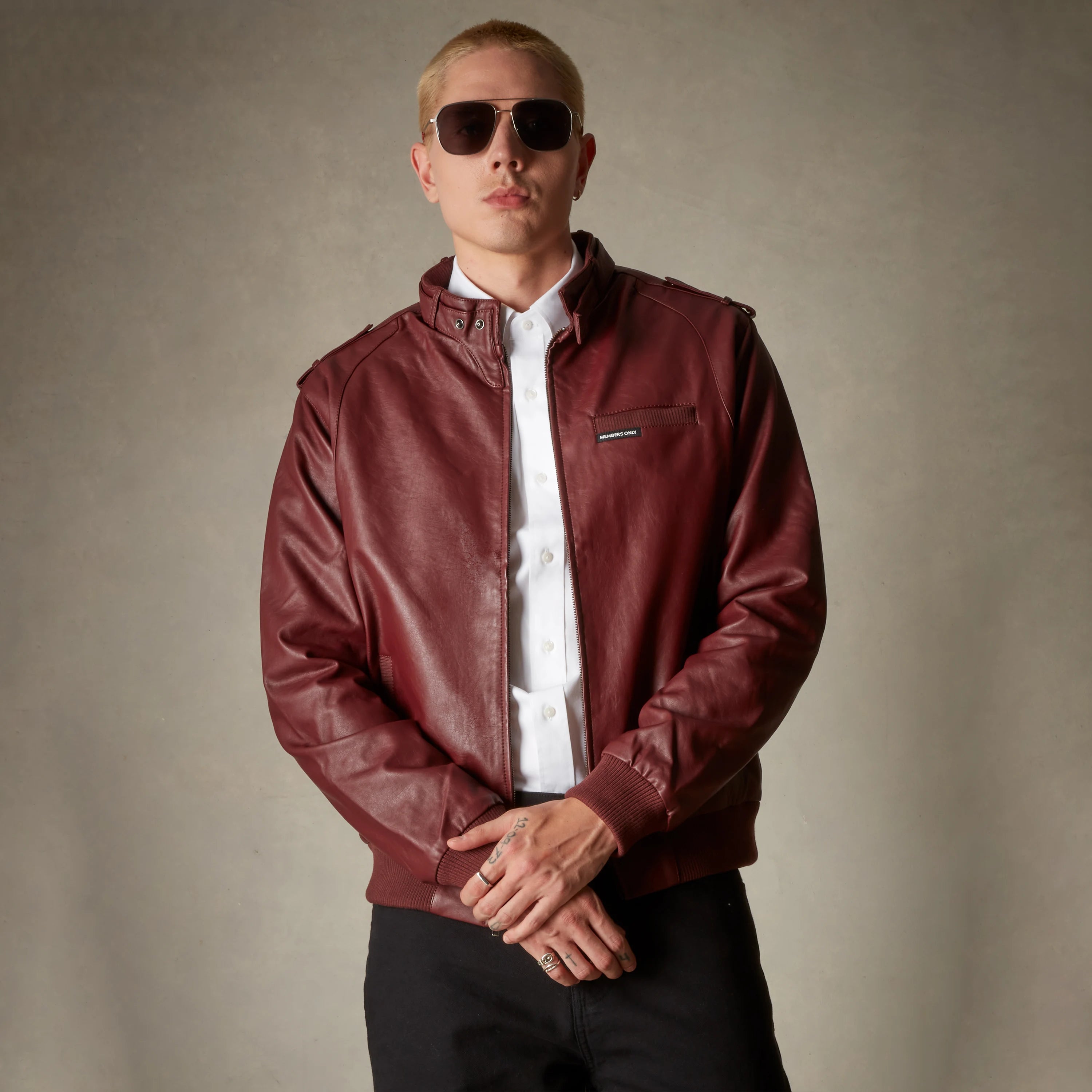 Men's Faux Leather Iconic Racer Jacket Men's Iconic Jacket Members Only Burgundy Small 