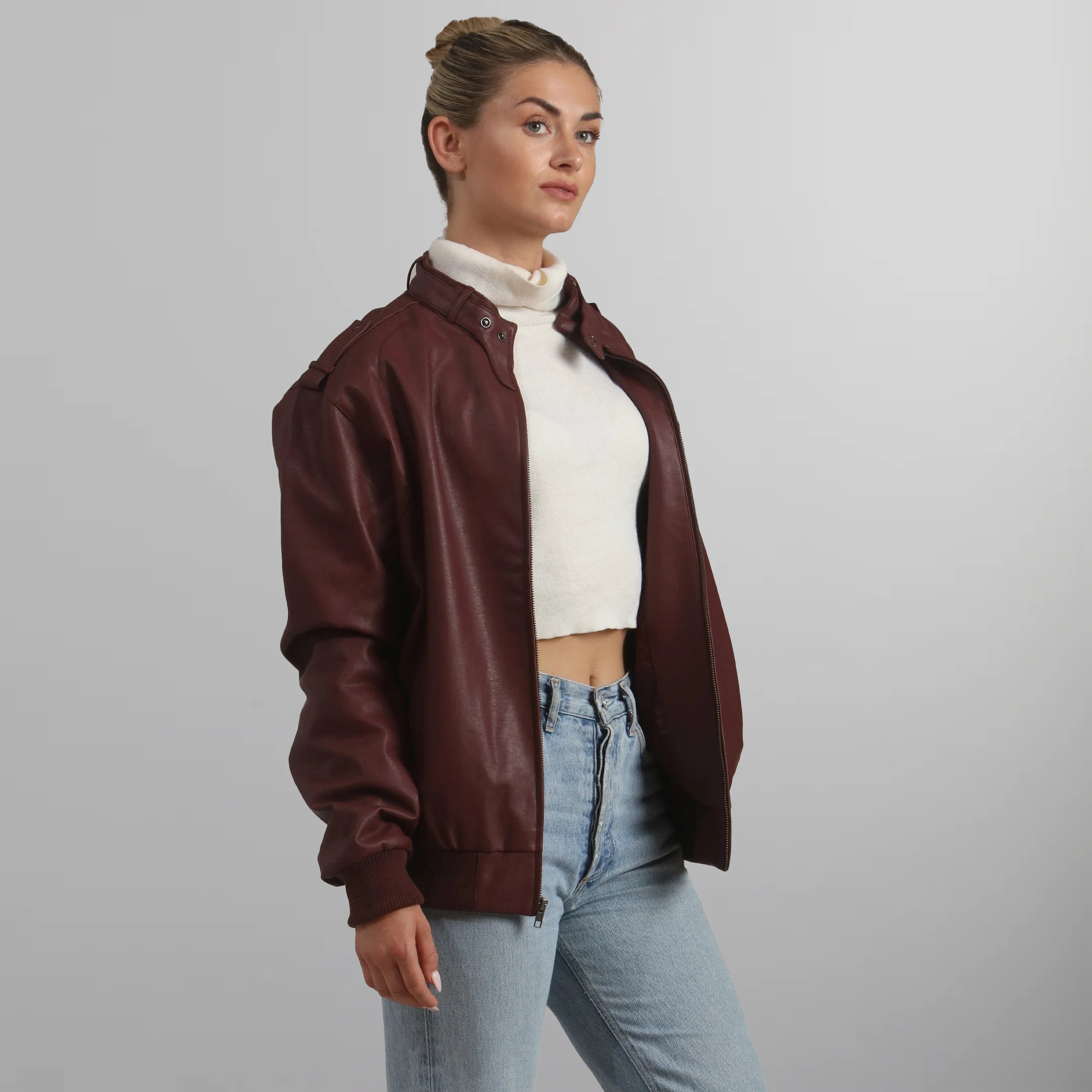 Women's Faux Leather Iconic Racer Oversized Jacket Women's Iconic Jacket Members Only | Burgundy 