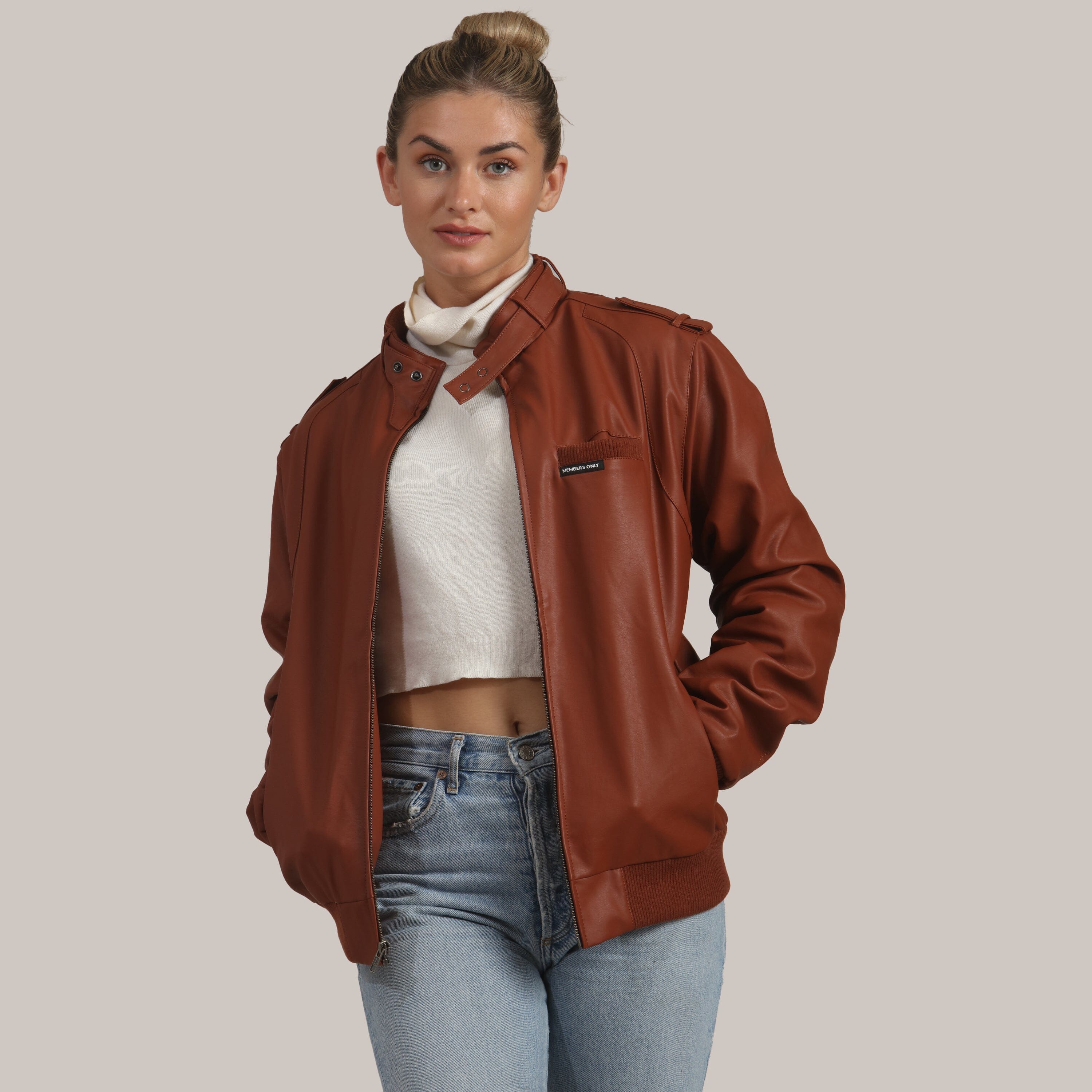Women's Faux Leather Iconic Racer Oversized Jacket Unisex Members Only Official 