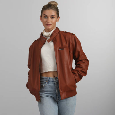 Women's Faux Leather Iconic Racer Oversized Jacket Women's Iconic Jacket Members Only | Cognac