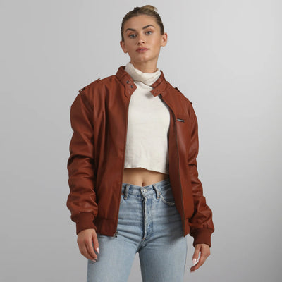 Women's Faux Leather Iconic Racer Oversized Jacket Women's Iconic Jacket Members Only | Cognac