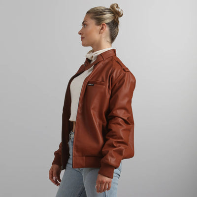 Women's Faux Leather Iconic Racer Oversized Jacket Women's Iconic Jacket Members Only | Cognac