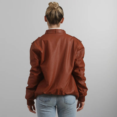 Women's Faux Leather Iconic Racer Oversized Jacket Women's Iconic Jacket Members Only | Cognac