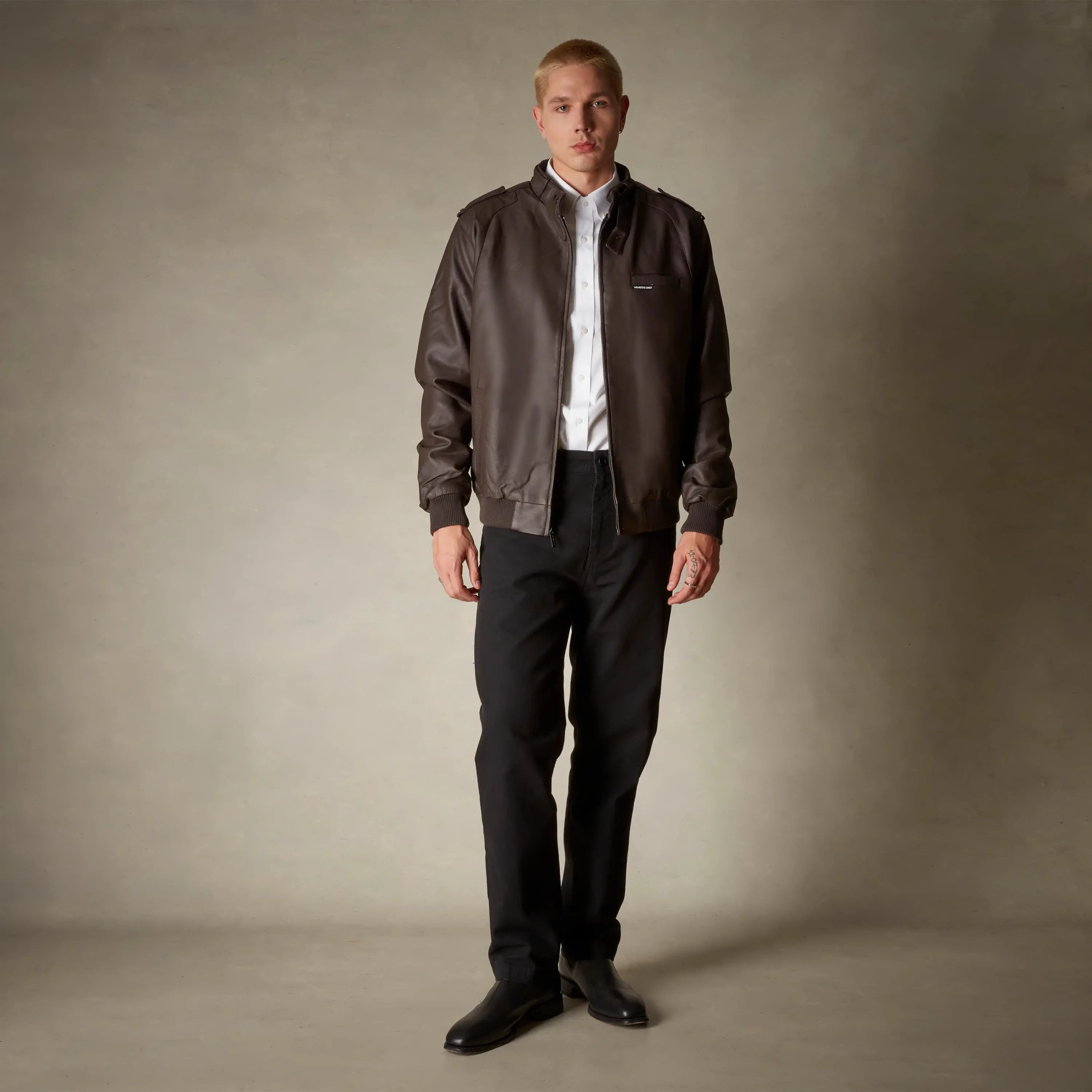 members only dark brown faux leather iconic racer jacket mens small