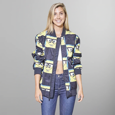 Women's Nickelodeon SpongeBob Bomber Oversized Jacket - FINAL SALE Womens Jacket Members Only Black X-Small 