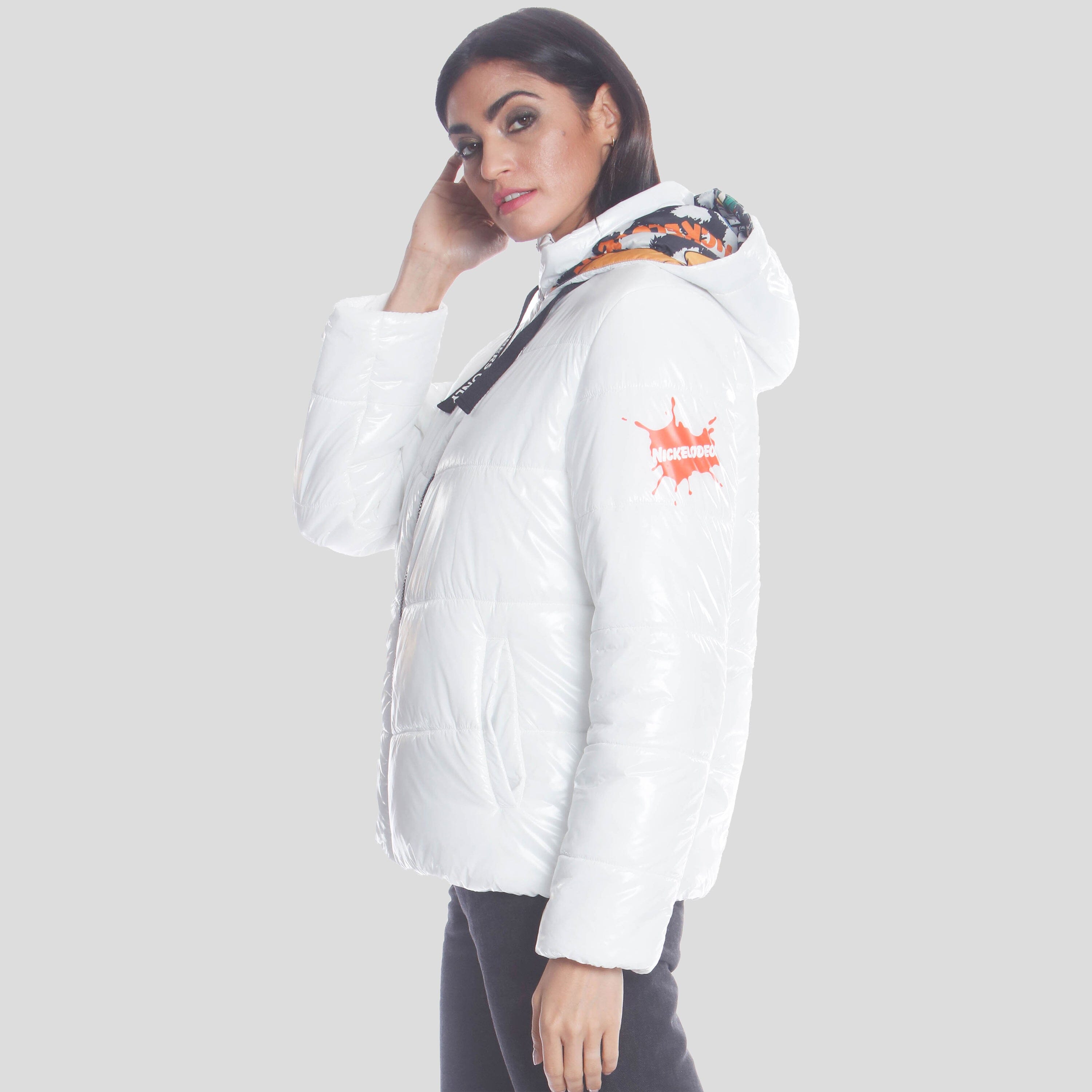 Women's Hi-Shine Chevron Quilt Puffer with Nickelodeon Mashup Print Lining Jacket - FINAL SALE Womens Jacket Members Only 