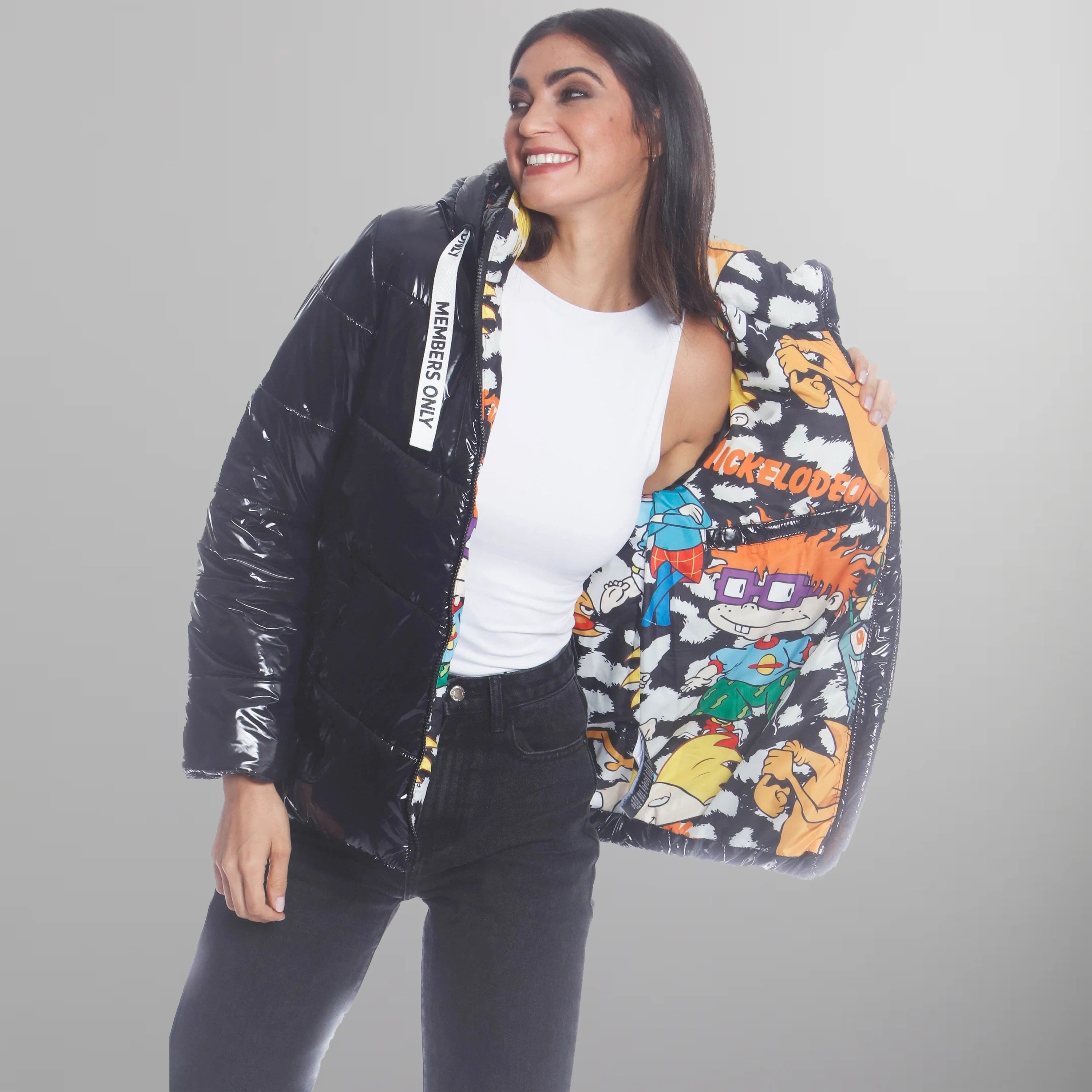 Women's Hi-Shine Chevron Quilt Puffer with Nickelodeon Mashup Print Lining Jacket - FINAL SALE Womens Jacket Members Only 