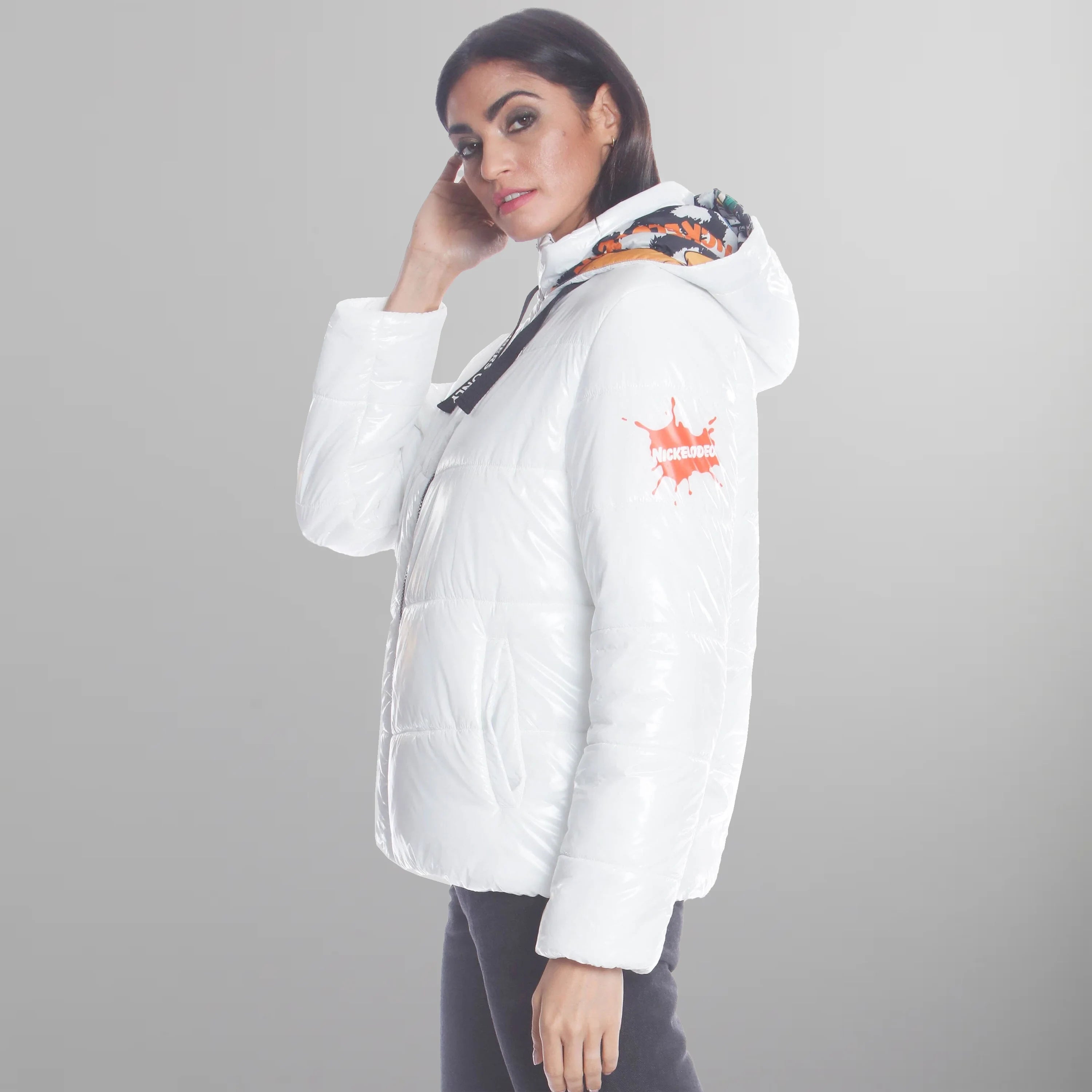 Women's Hi-Shine Chevron Quilt Puffer with Nickelodeon Mashup Print Lining Jacket - FINAL SALE Womens Jacket Members Only 