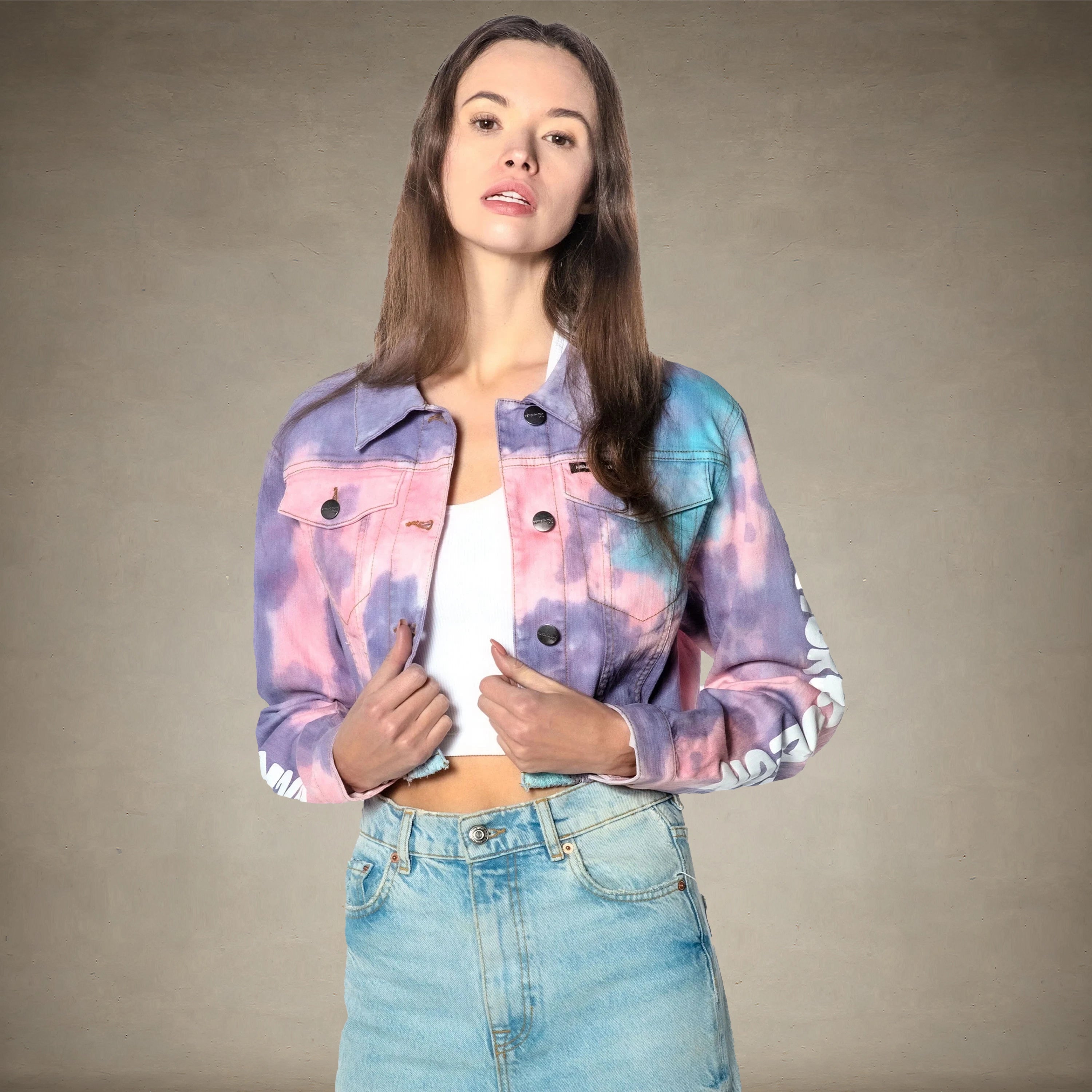 Women's Rugrats Tie-Dye Frayed Crop Denim Jacket - FINAL SALE Womens Jacket Members Only® Purple SMALL 