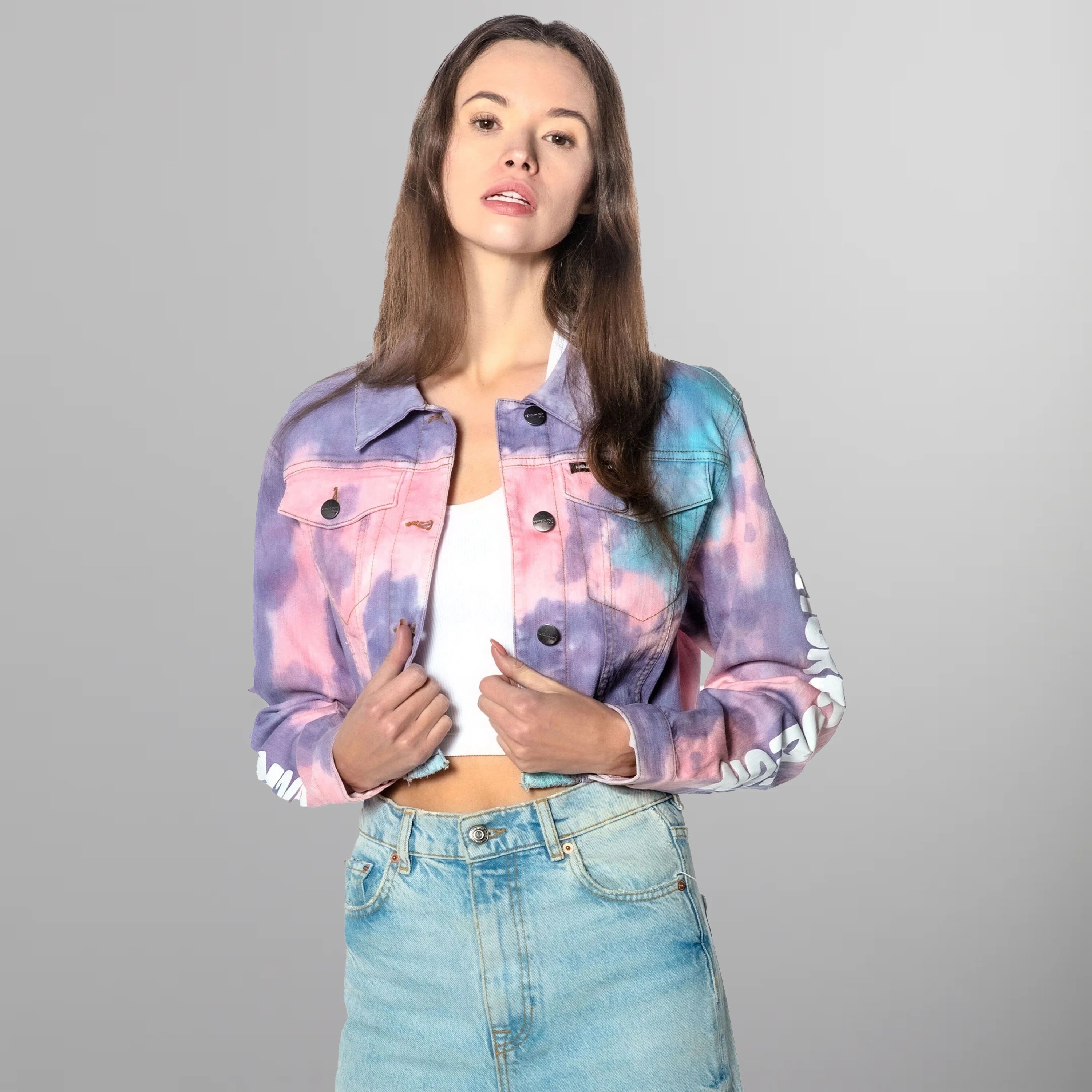 Women's Rugrats Tie-Dye Frayed Crop Denim Jacket - FINAL SALE Womens Jacket Members Only 