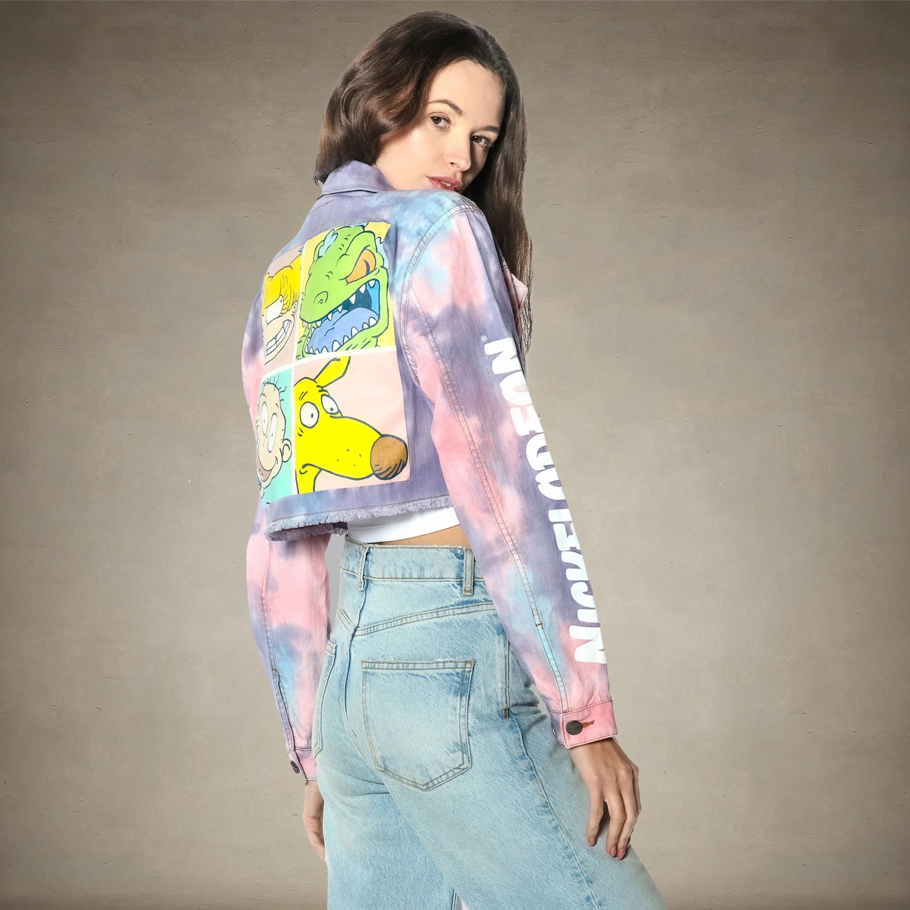 Women's Rugrats Tie-Dye Frayed Crop Denim Jacket - FINAL SALE Womens Jacket Members Only 