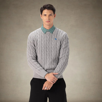 Members Only Men's Crew Neck Cable Sweater Grey