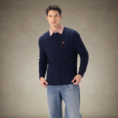 Members Only Men's Crew Neck Cable Sweater Navy