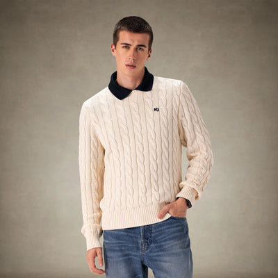 Men's Crew Neck Cable Sweater Off-White
