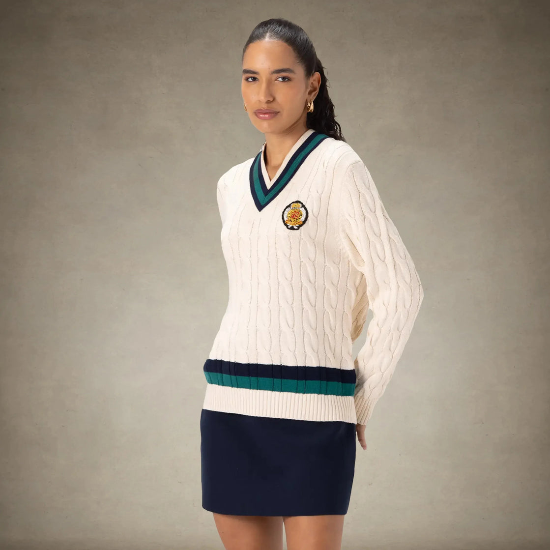 Women's Cable Knit Cricket Sweater | 100% Cotton V-Neck