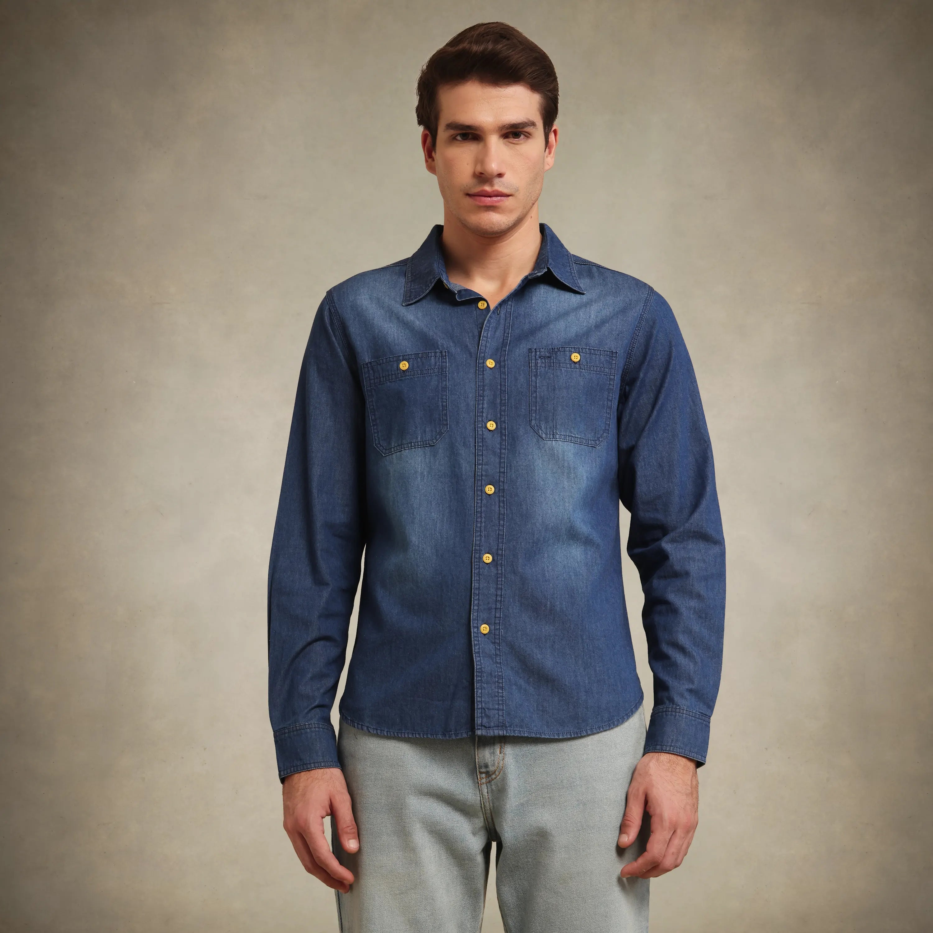 Modern dark blue denim shirt for men