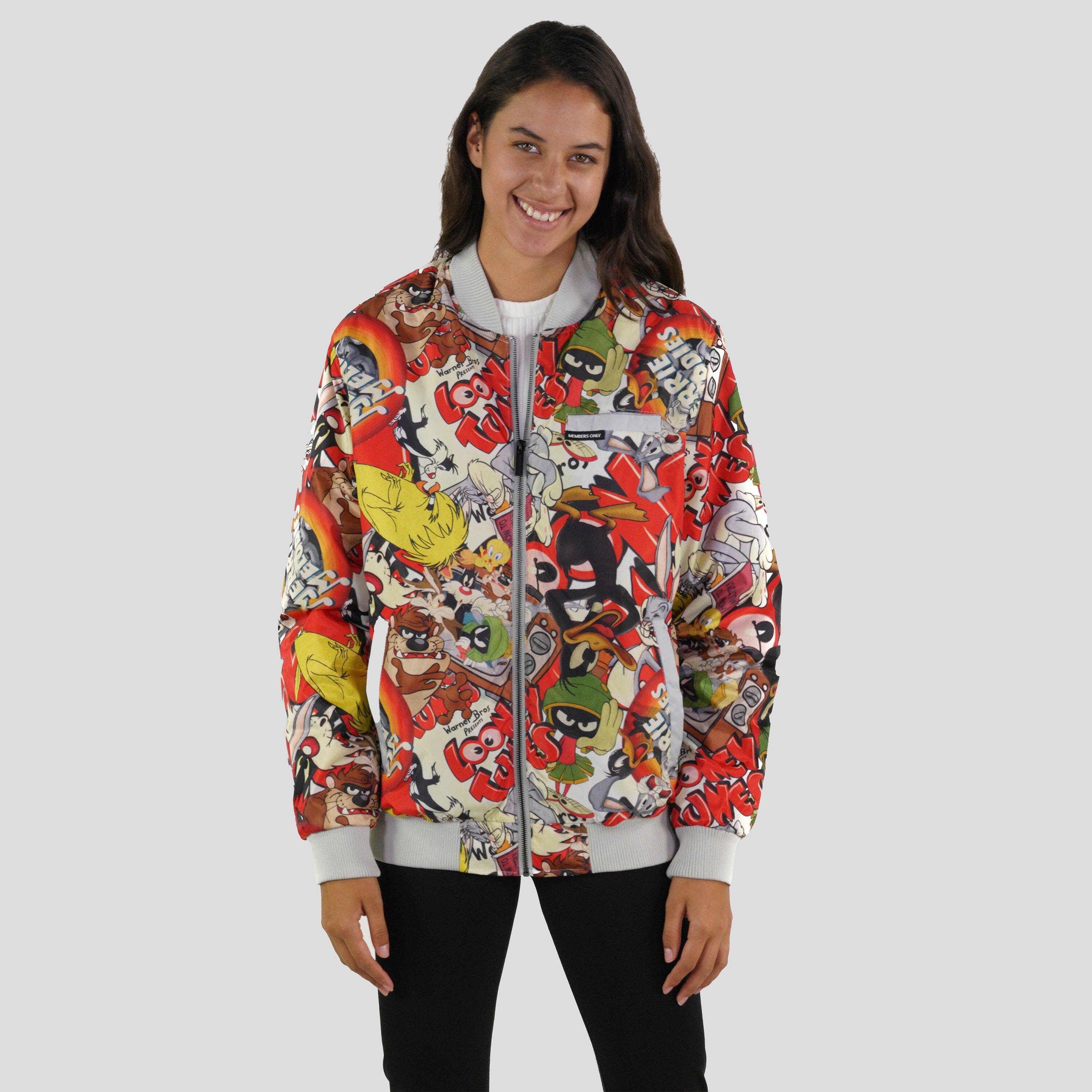 Women's Looney Tunes Vintage Mash Print Oversized Jacket - FINAL SALE Womens Jacket Members Only 