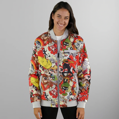 Women's Looney Tunes Vintage Mash Print Oversized Jacket - FINAL SALE Womens Jacket Members Only Silver Small 