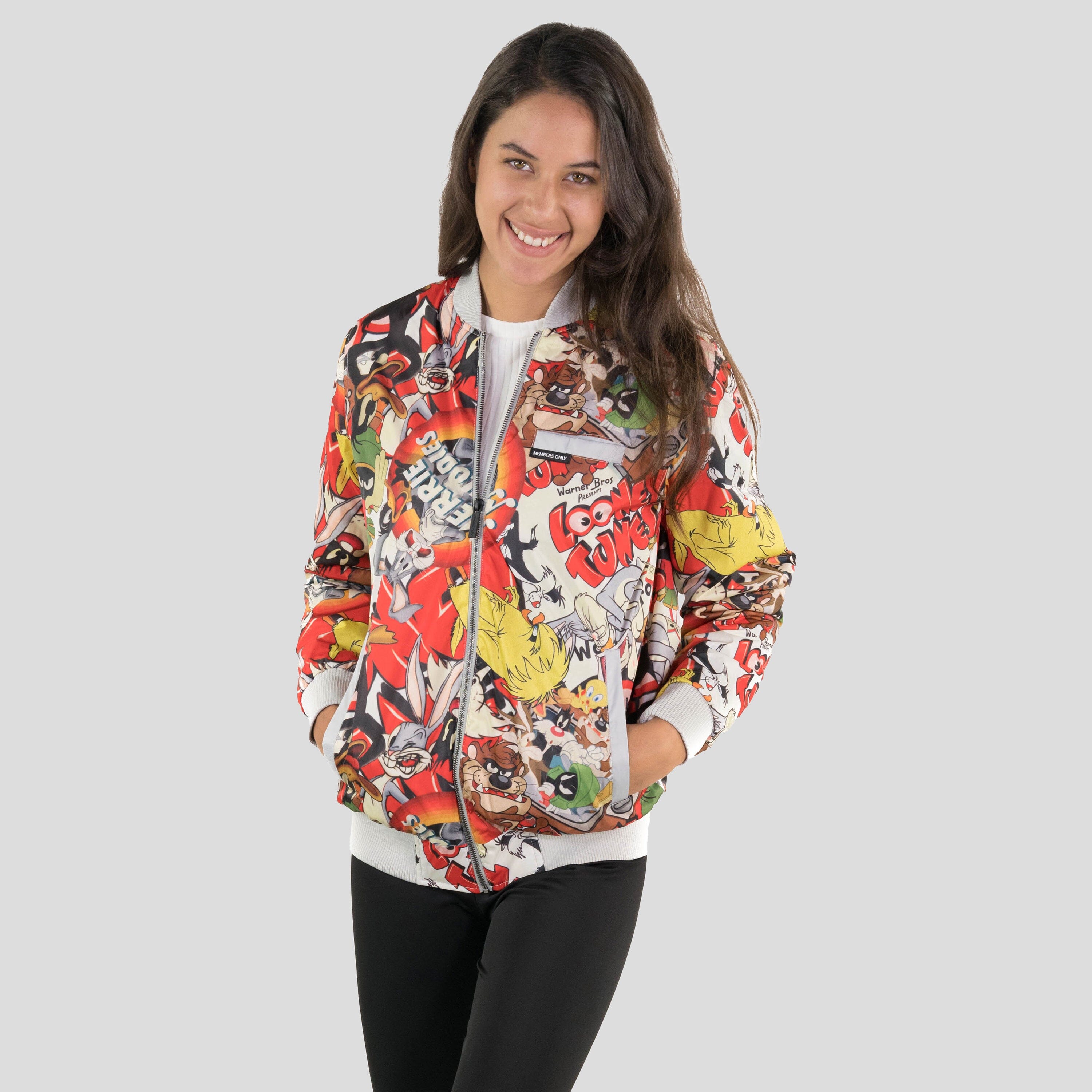 Women's Looney Tunes Vintage Mash Print Oversized Jacket - FINAL SALE Womens Jacket Members Only 