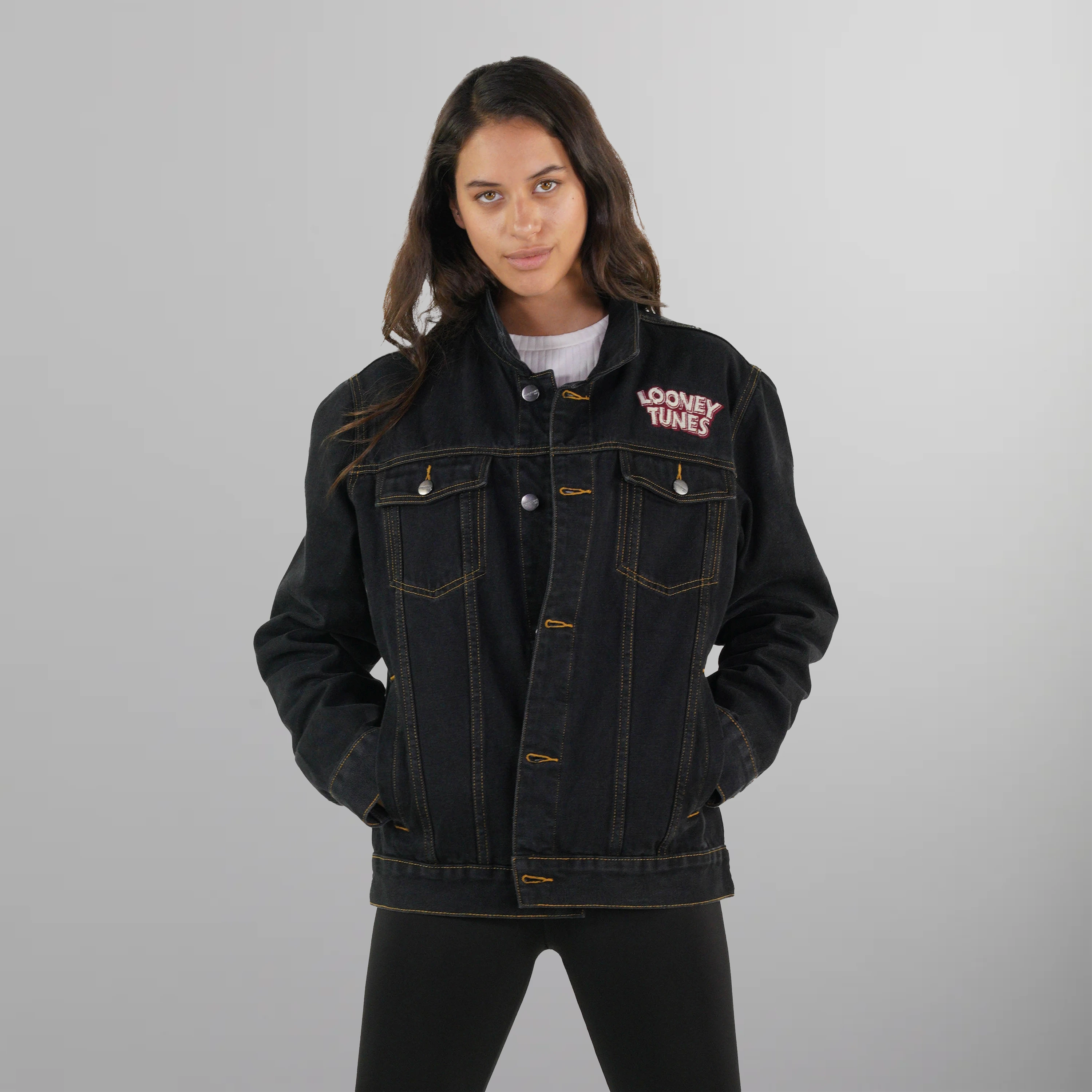 Women's Looney Tunes Denim Trucker Oversized Jacket - FINAL SALE Womens Jacket Members Only Black X-Small 