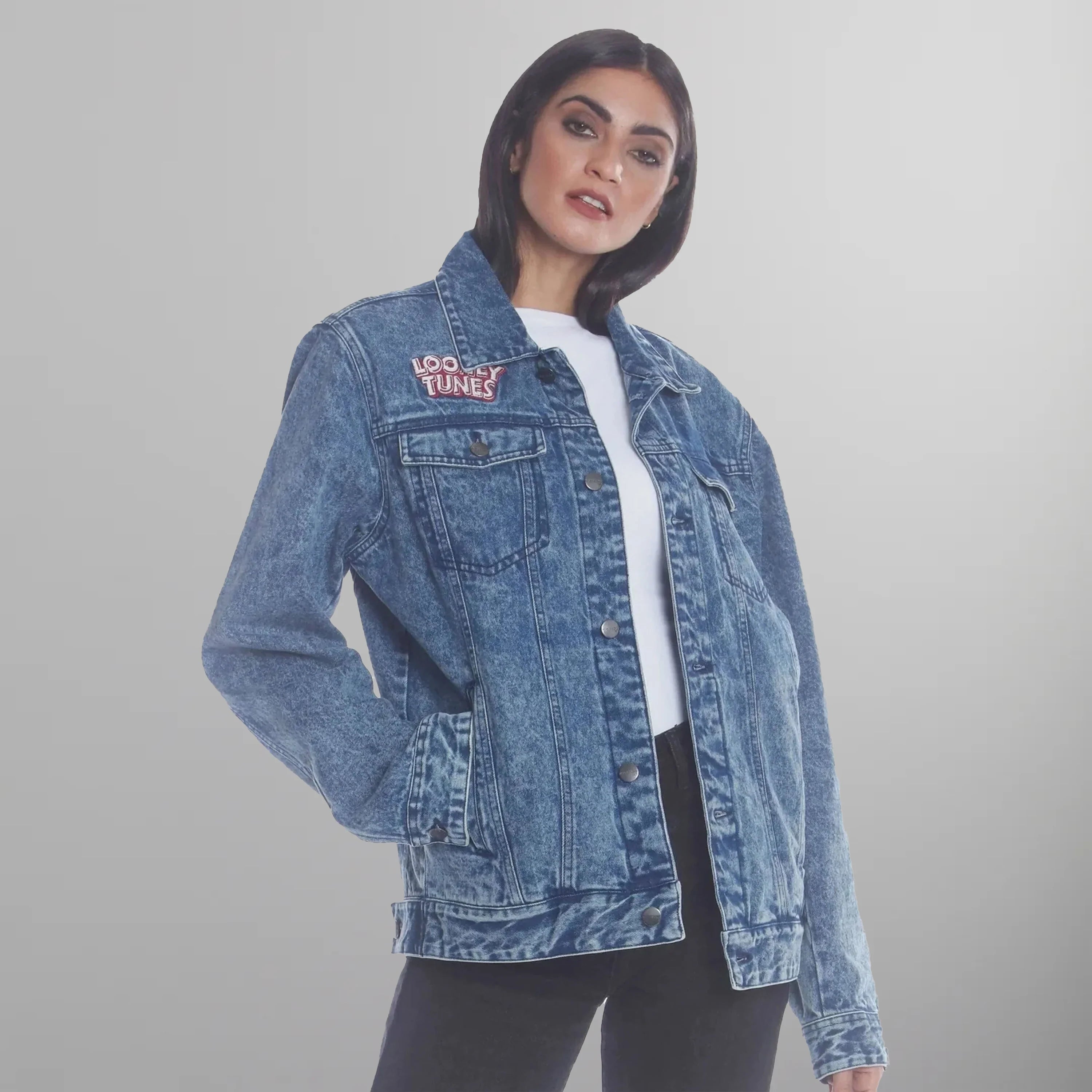 Women's Denim Looney Tunes Bugs Placement Oversized Jacket - FINAL SALE Womens Jacket Members Only Indigo Small 