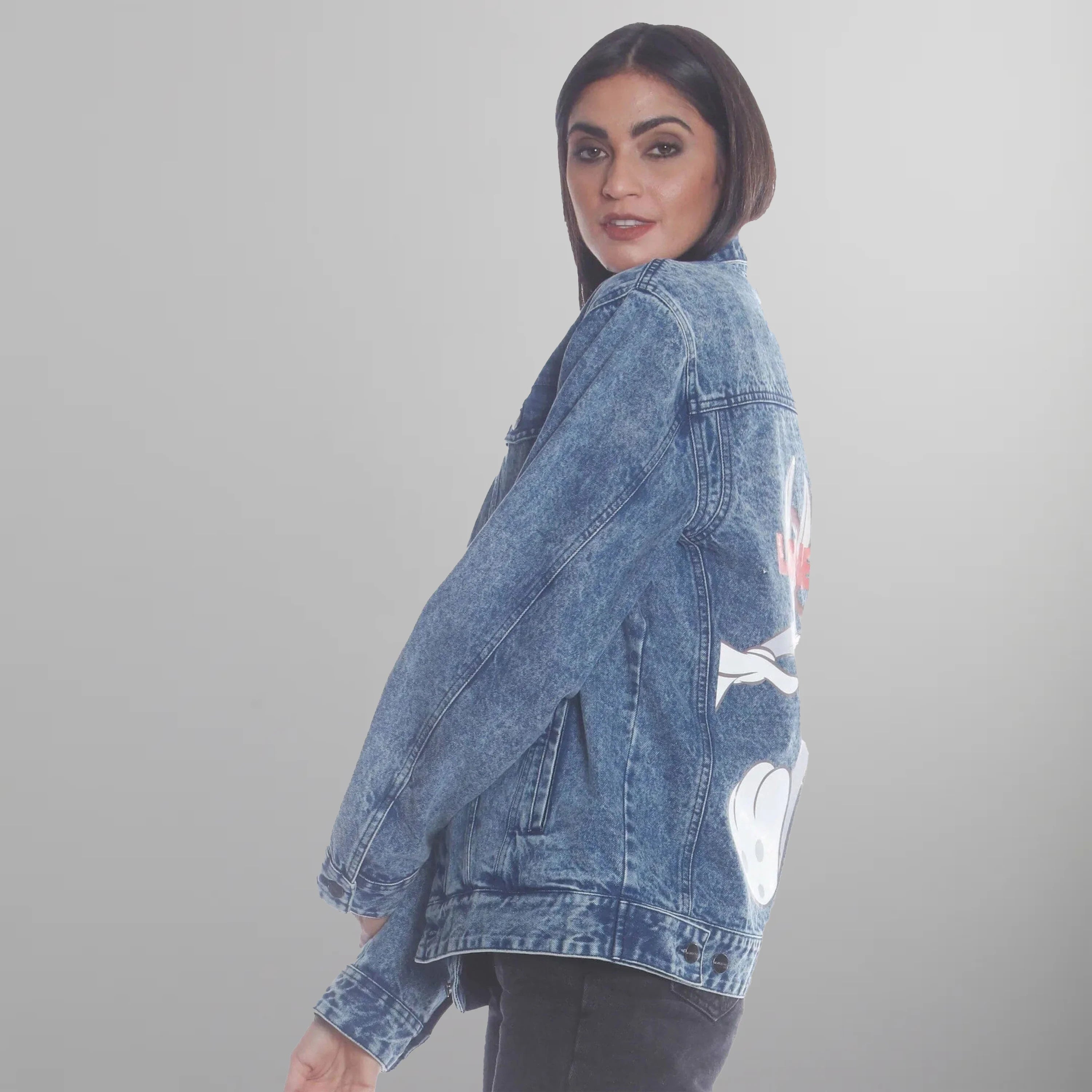 Women's Denim Looney Tunes Bugs Placement Oversized Jacket - FINAL SALE Womens Jacket Members Only 