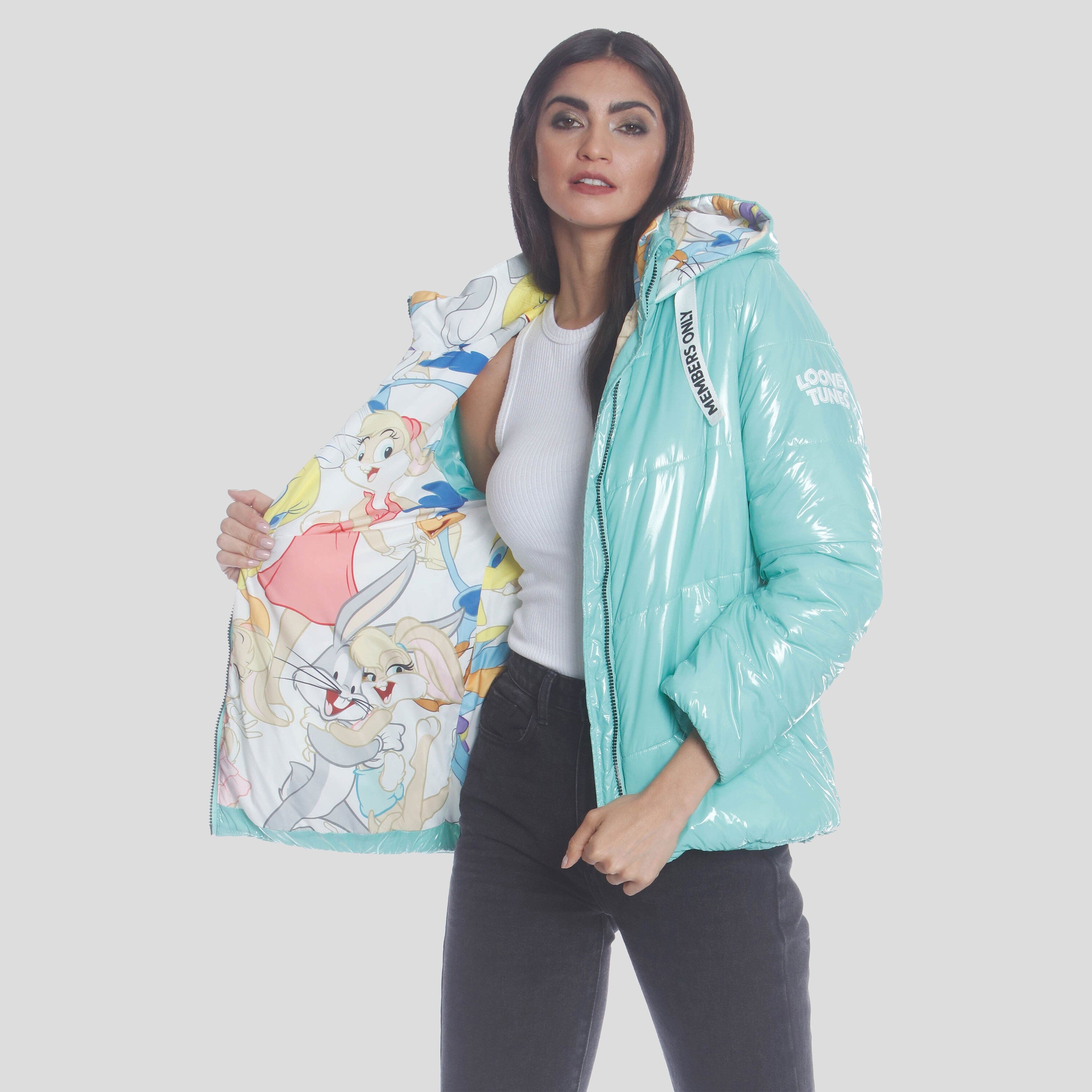 Women's Hi-Shine Chevron Quilt Puffer with Looney Tunes Mashup Print Lining - FINAL SALE Womens Jacket Members Only 