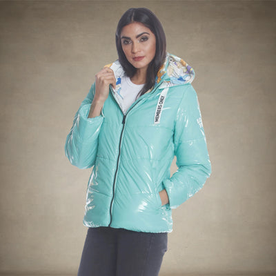 Women Hi-Shine Chevron Quilt Puffer Jacket with Looney Tunes Mashup Print Lining - FINAL SALE