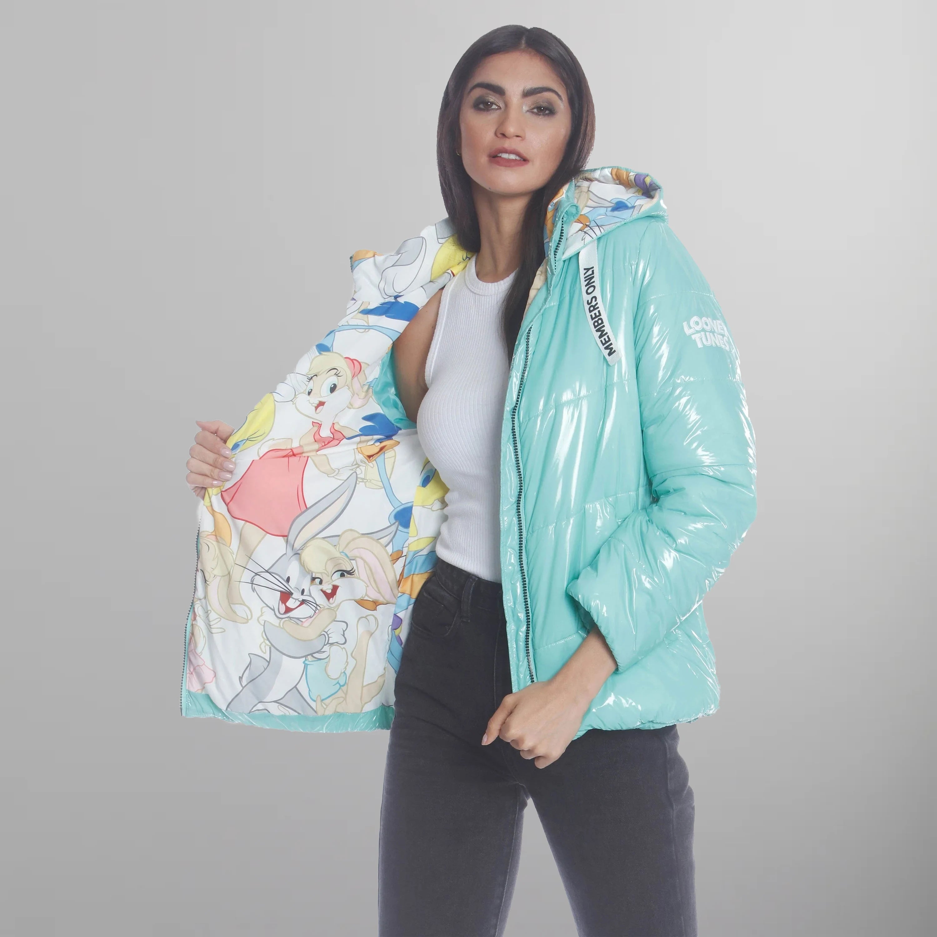 Women's Hi-Shine Chevron Quilt Puffer with Looney Tunes Mashup Print Lining - FINAL SALE Womens Jacket Members Only 