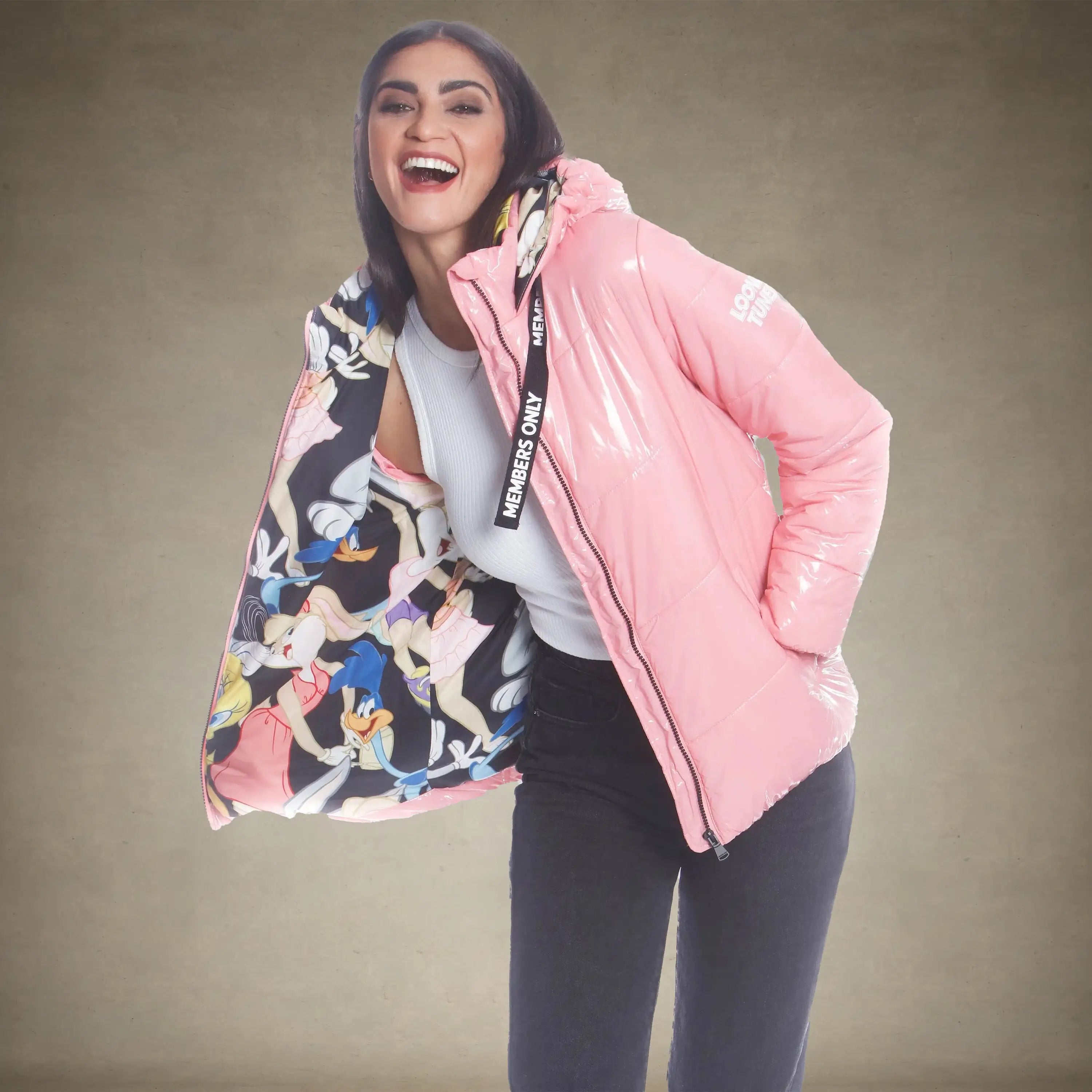 Women's Hi-Shine Chevron Quilt Puffer with Looney Tunes Mashup Print Lining - FINAL SALE