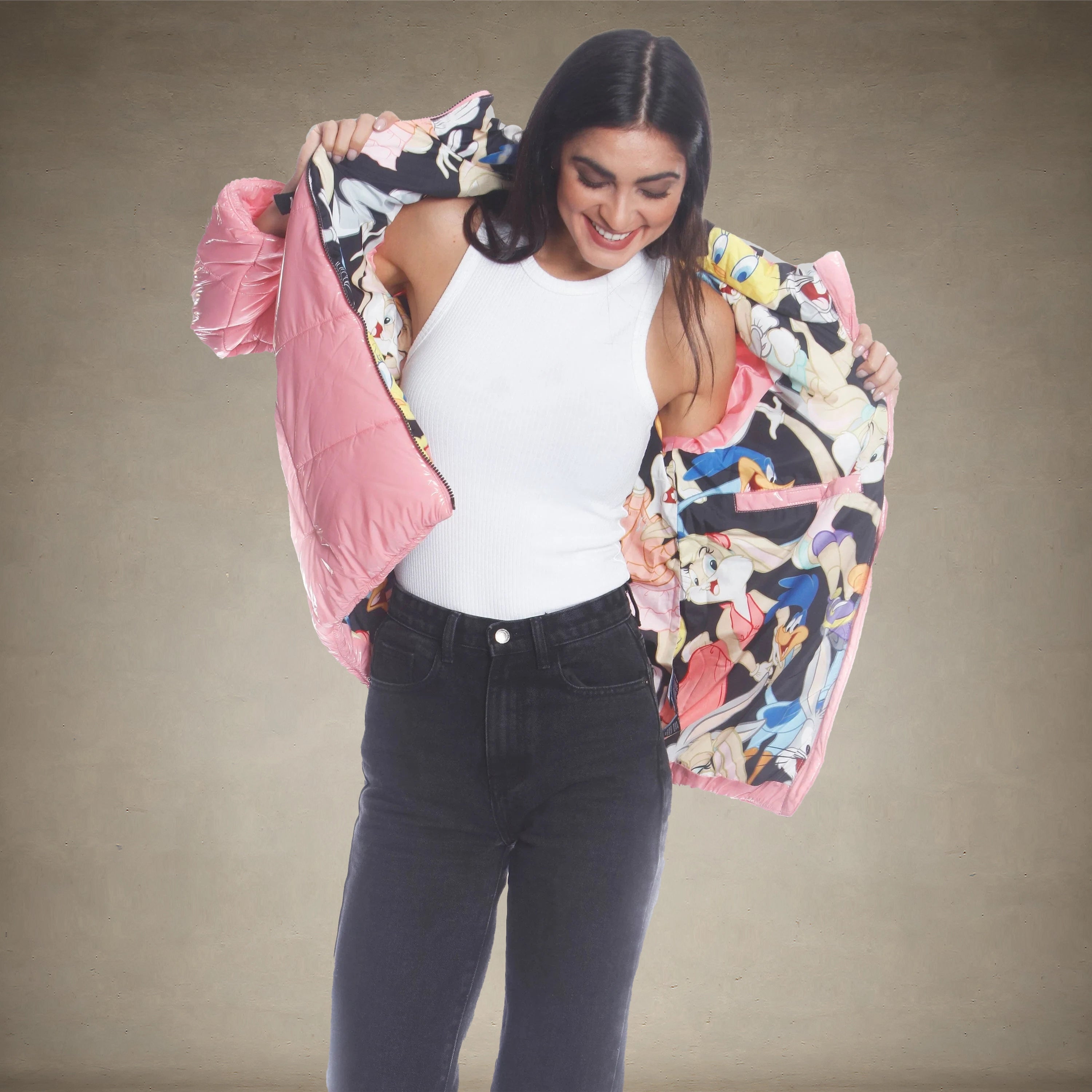 Women's Hi-Shine Chevron Quilt Puffer with Looney Tunes Mashup Print Lining - FINAL SALE