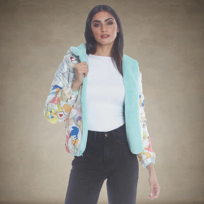 Women's Faux Rabbit Fur Reversible Bomber Looney Tunes Satin Mashup Print Lining Jacket - FINAL SALE