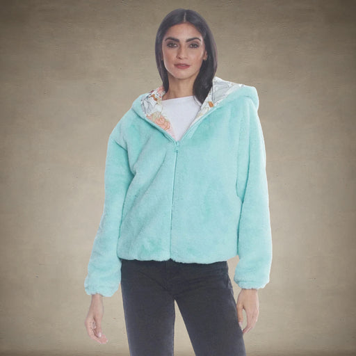 Women's Faux Rabbit Fur Reversible Bomber Looney Tunes Satin Mashup Print Lining Jacket - FINAL SALE